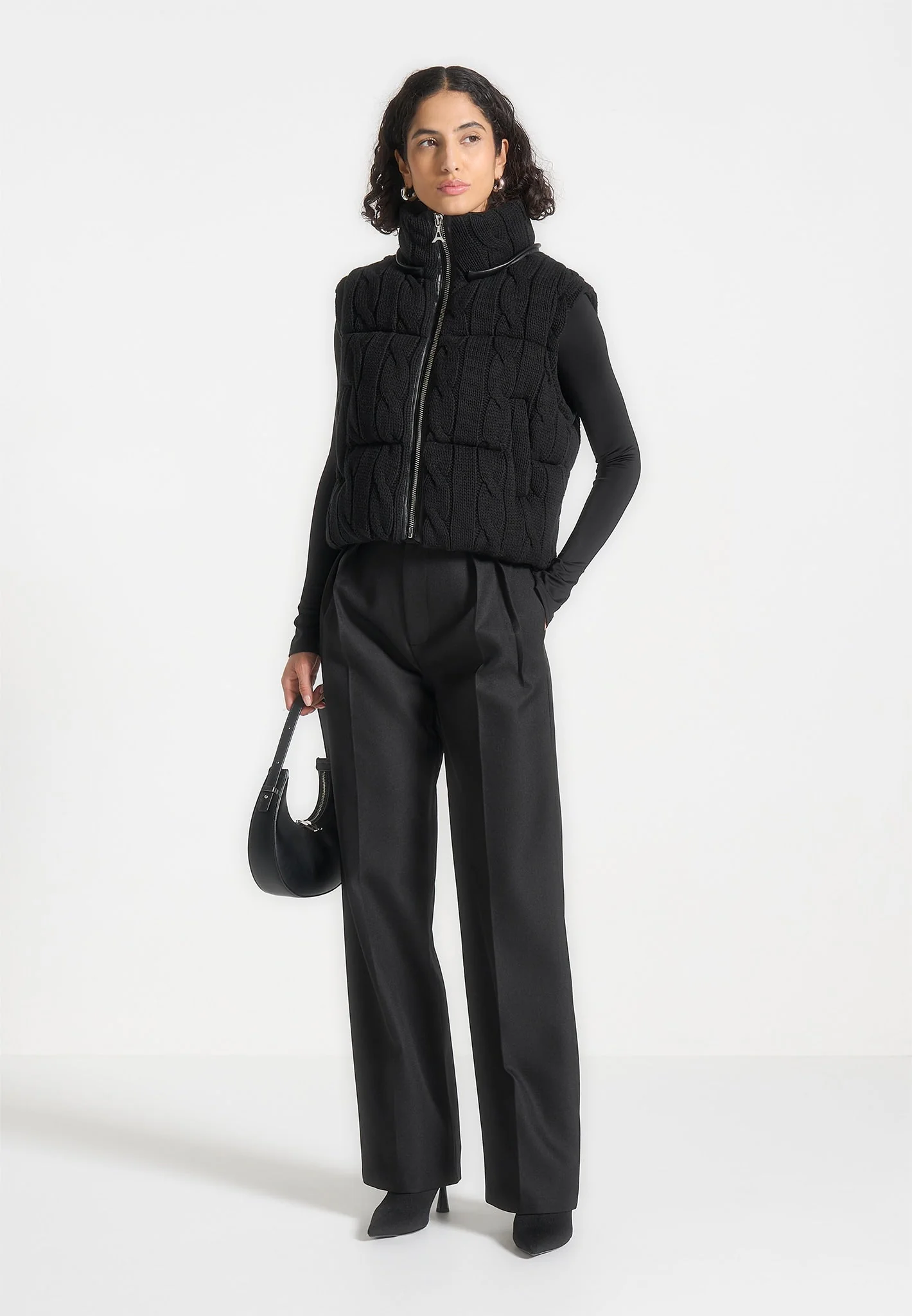 Kristina - 2-in-1 Cable Knit Puffer Jacket/Gilet - Black - Image 2