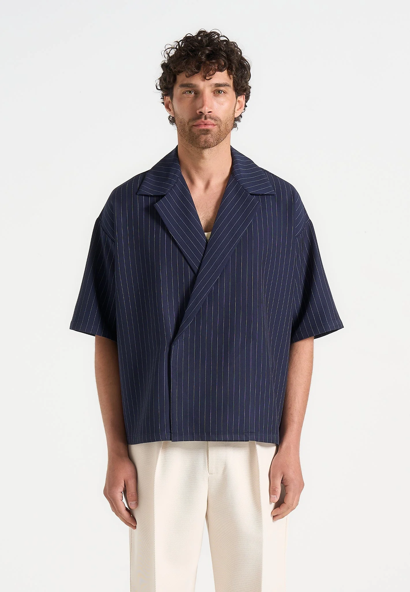 Abel - Boxy Pinstripe Double Breasted Shirt - Navy - Image 4