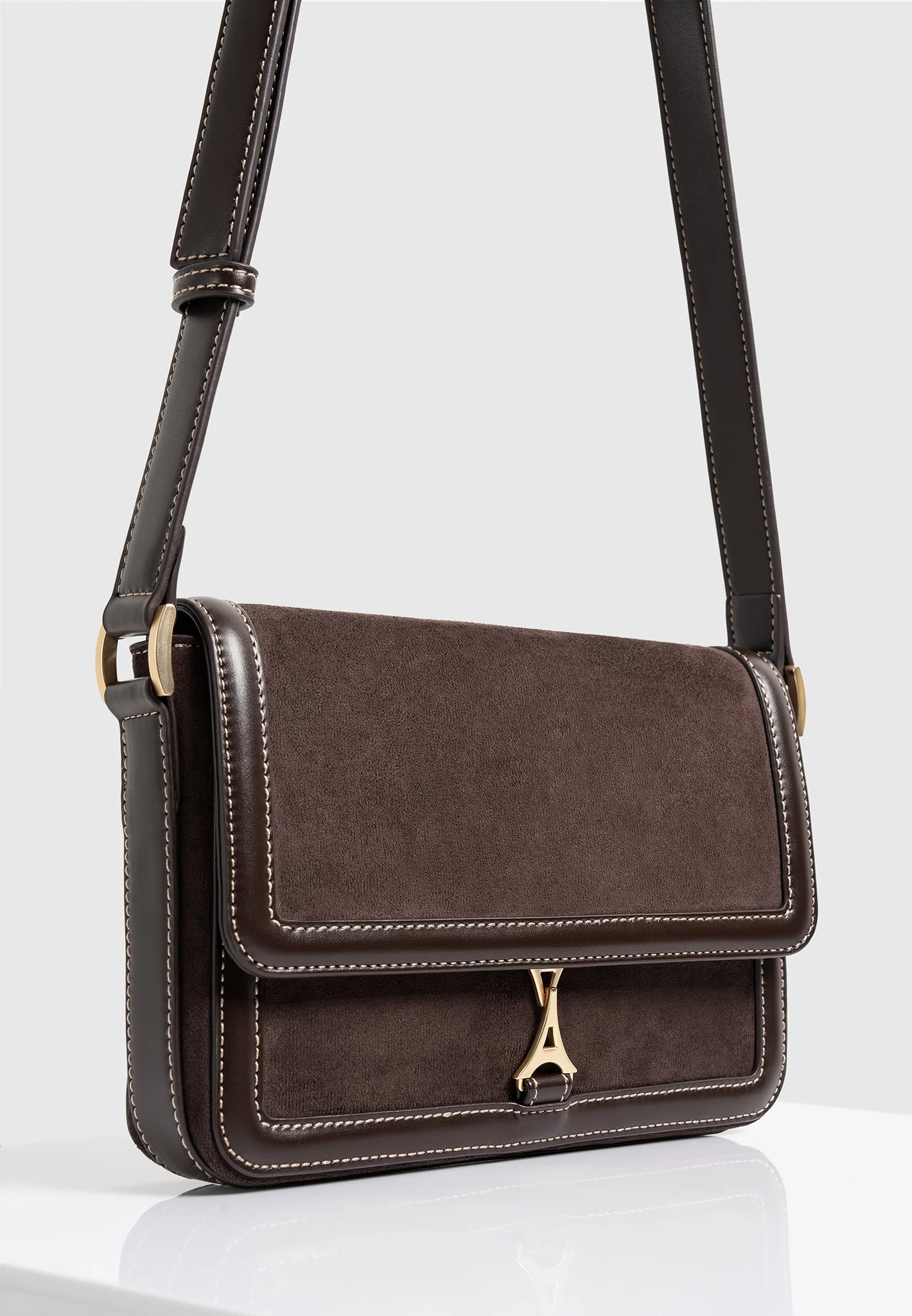 AC003 - Suede & Leather Crossbody Bag - Brown - Image 6
