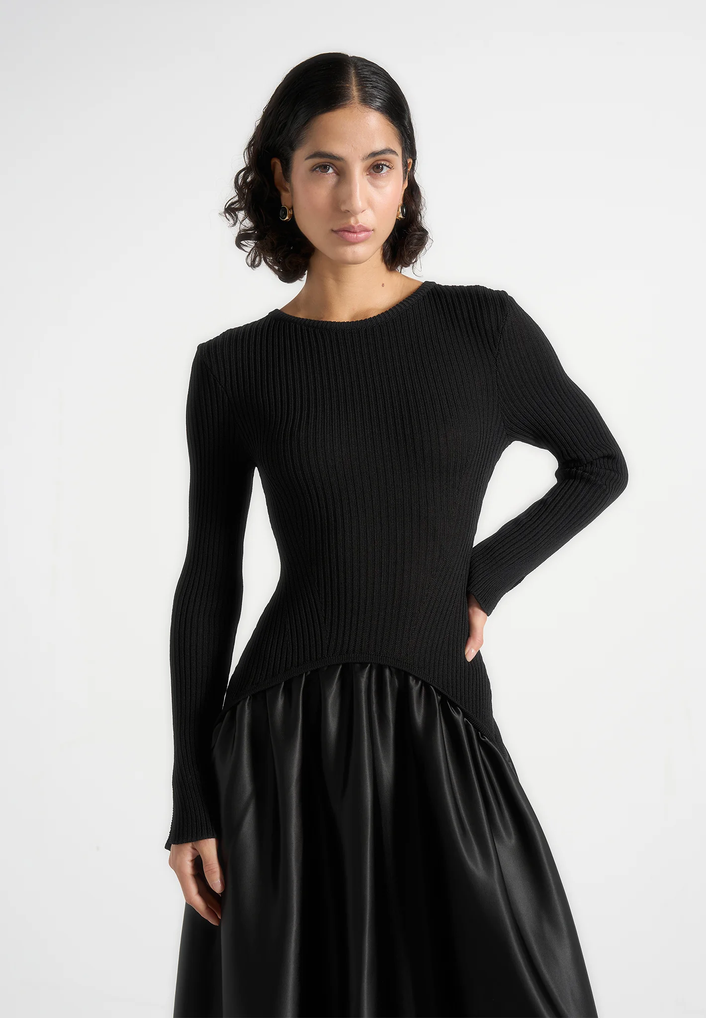 Adeline - Knit & Satin Curved Hem Maxi Dress - Black - Image 2