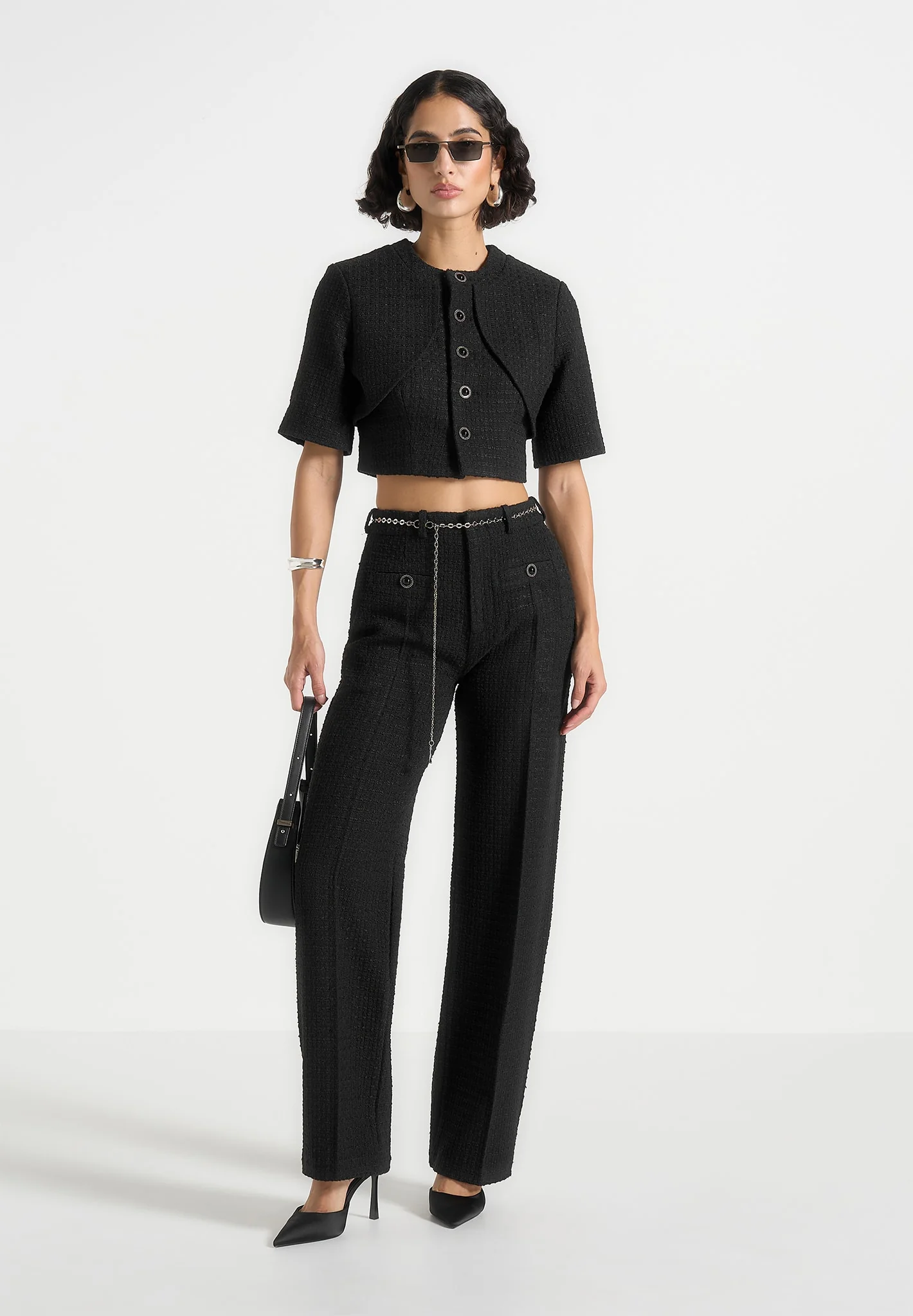 Alba - Tweed Mock Neck Curve Detailing Top - Black - Image 2