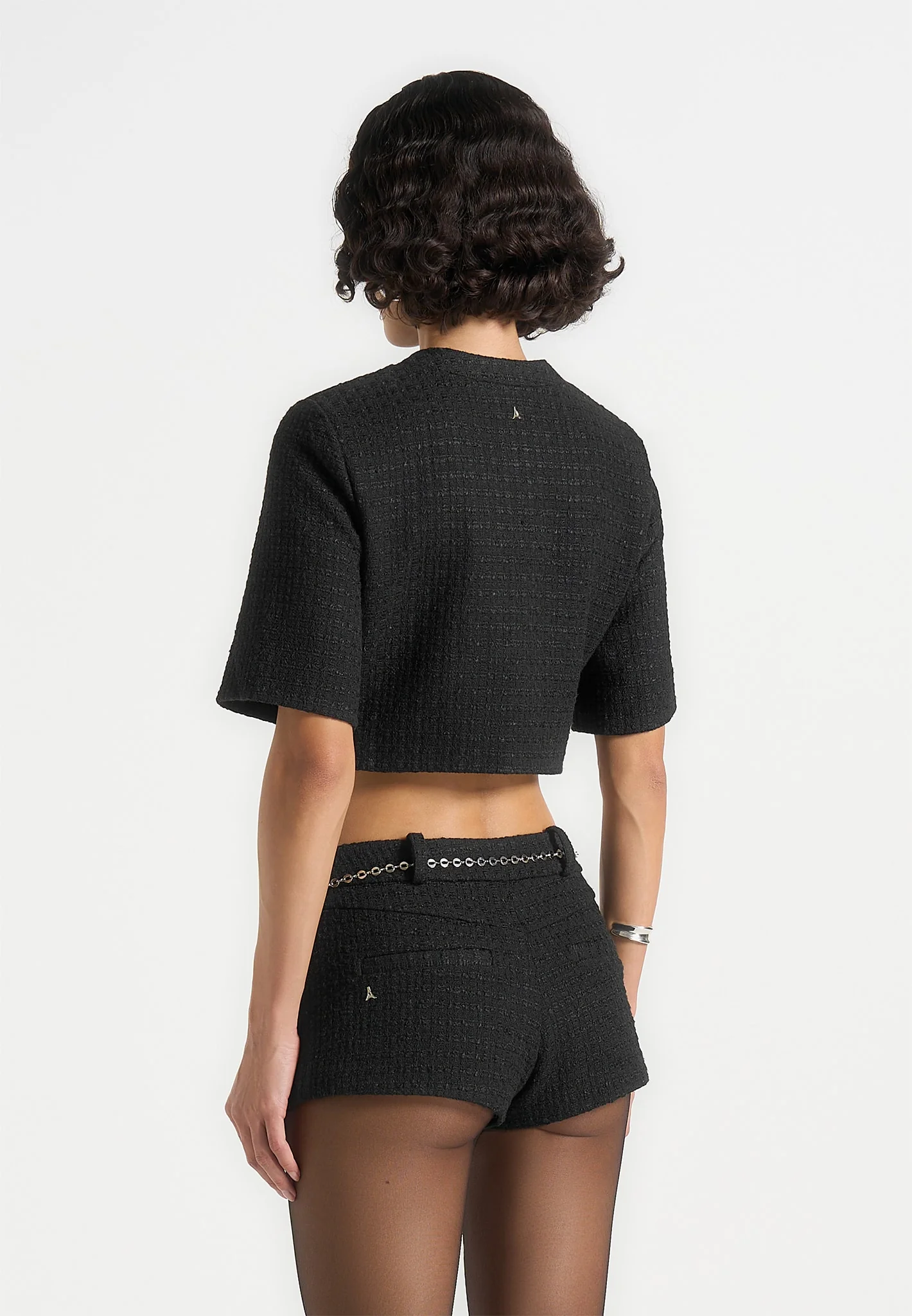 Alba - Tweed Mock Neck Curve Detailing Top - Black - Image 5