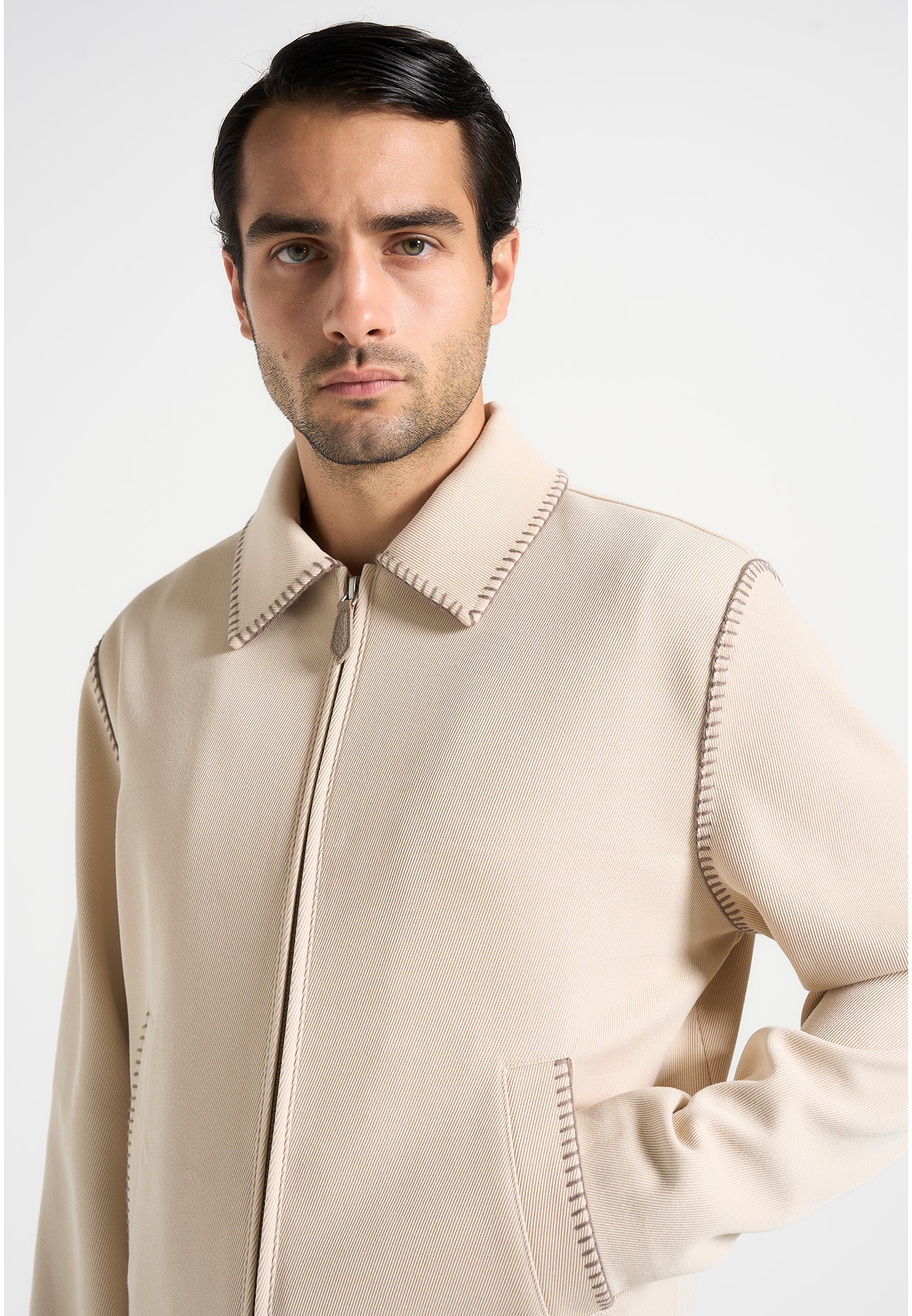 Alex - Whipstitch Twill Boxy Jacket - Cream - Image 3