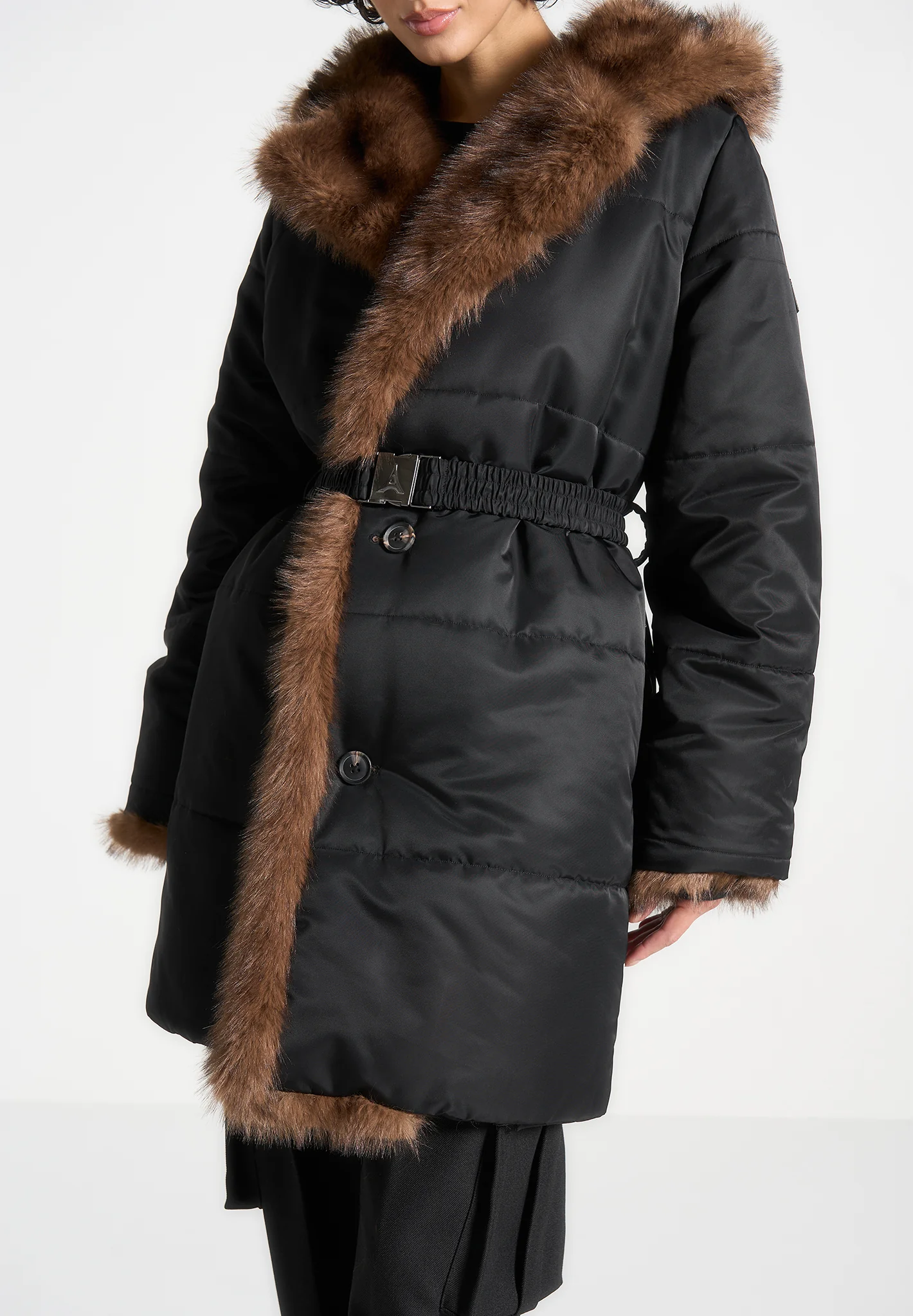 Alima - Fur Longline Belted Coat - Black - Image 4