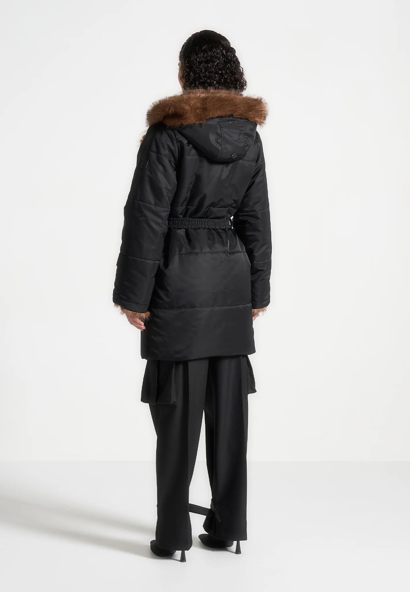 Alima - Fur Longline Belted Coat - Black - Image 6