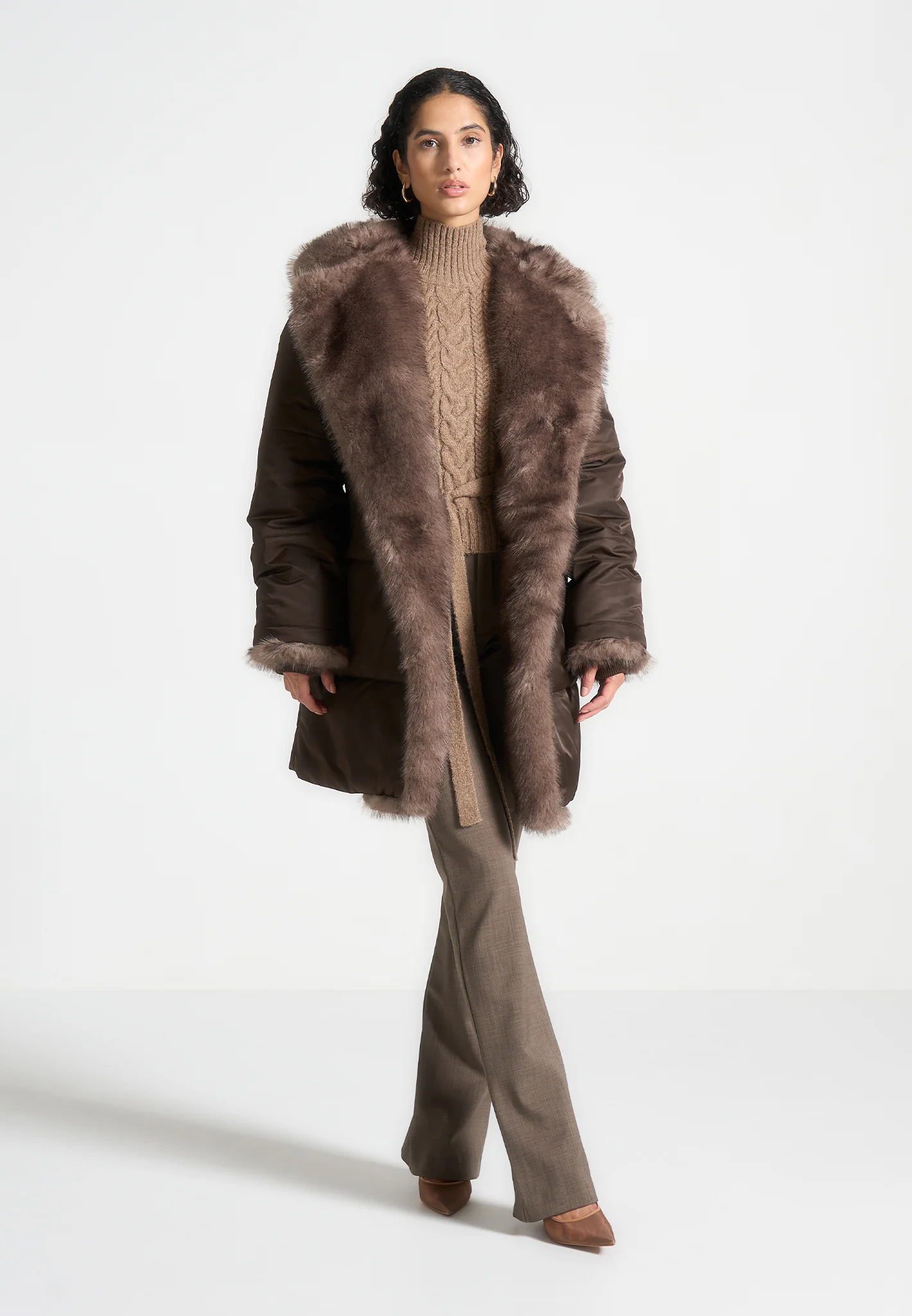 Alima - Fur Longline Belted Coat - Brown - Image 2