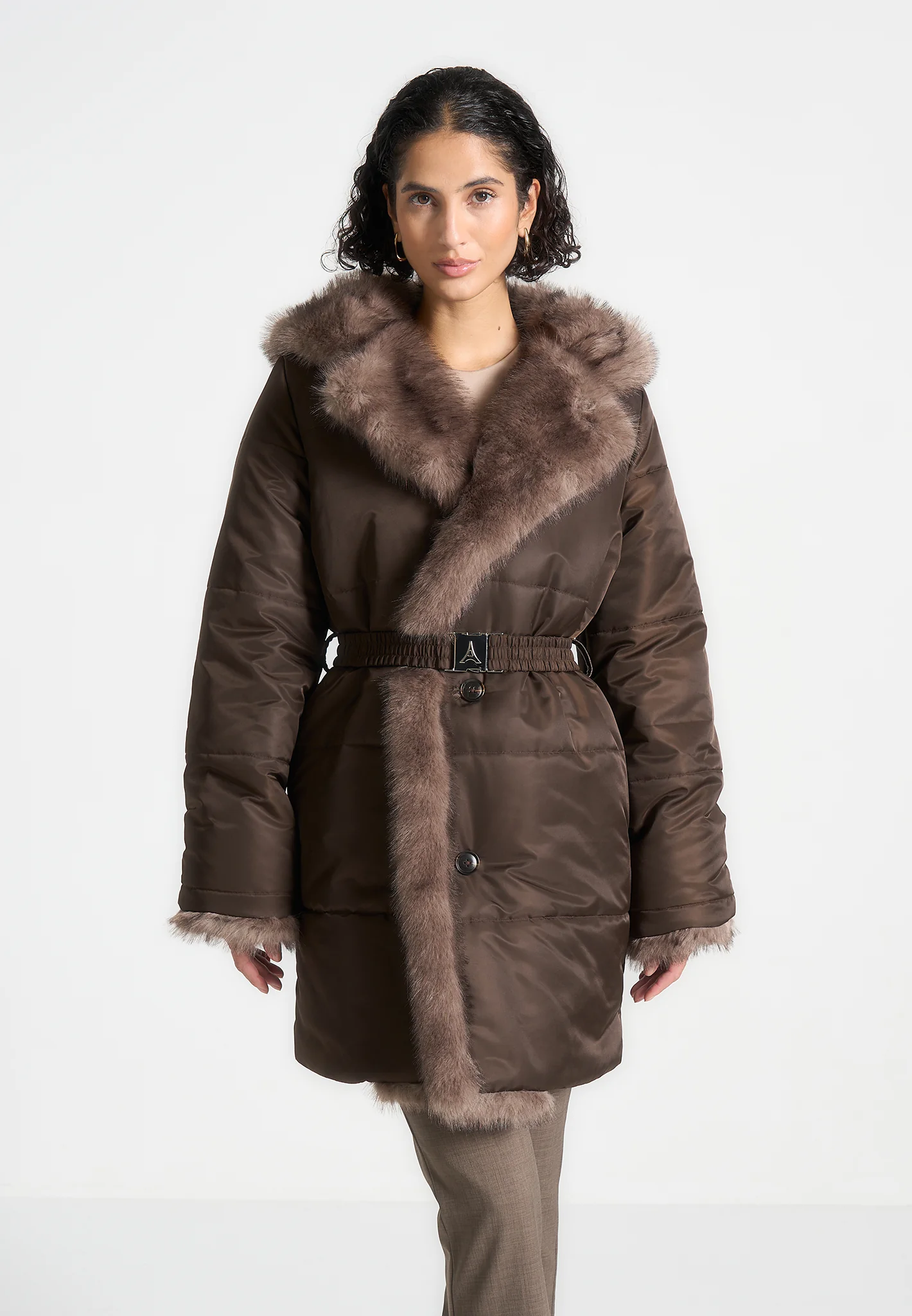 Alima - Fur Longline Belted Coat - Brown - Image 6