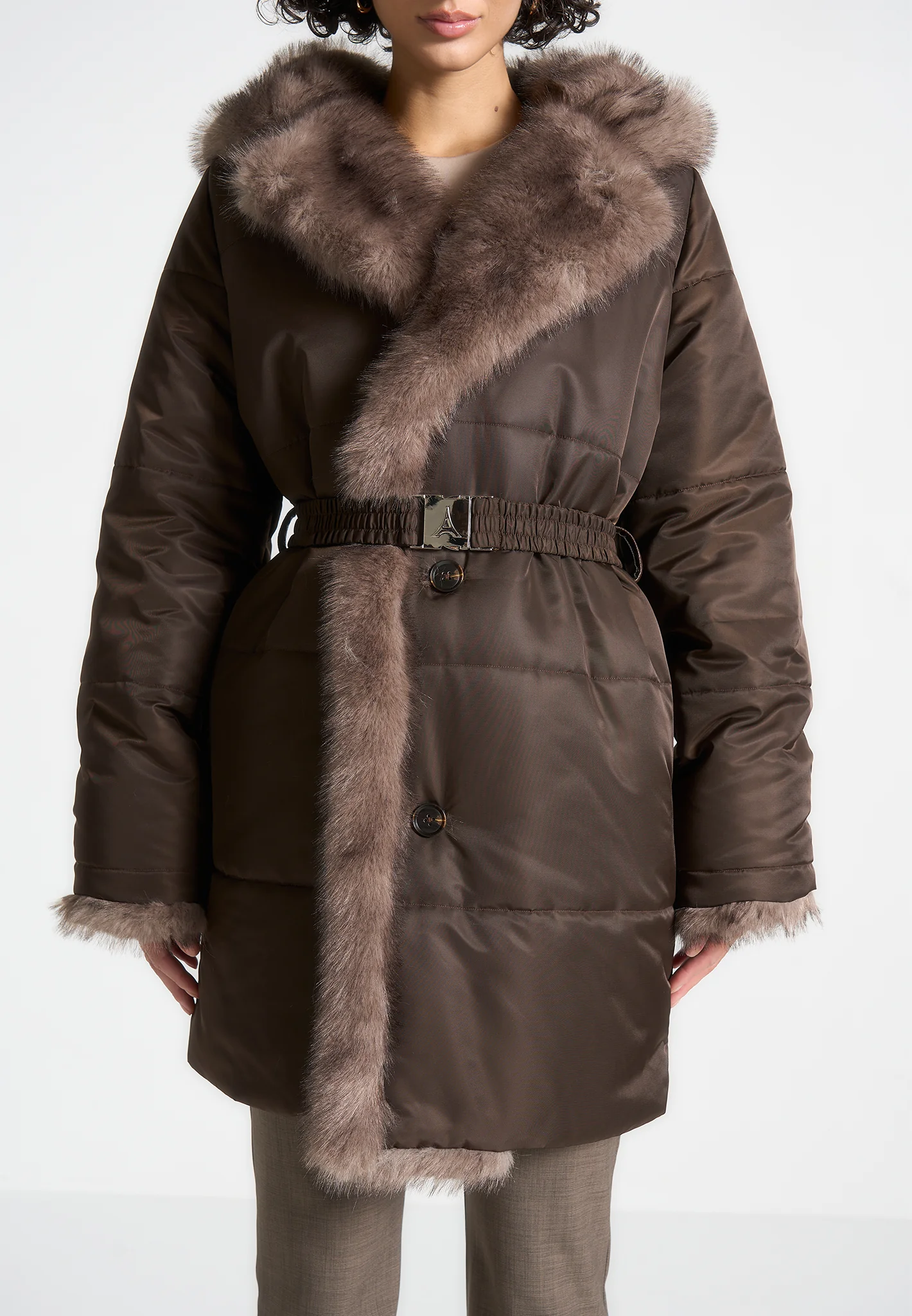 Alima - Fur Longline Belted Coat - Brown - Image 7