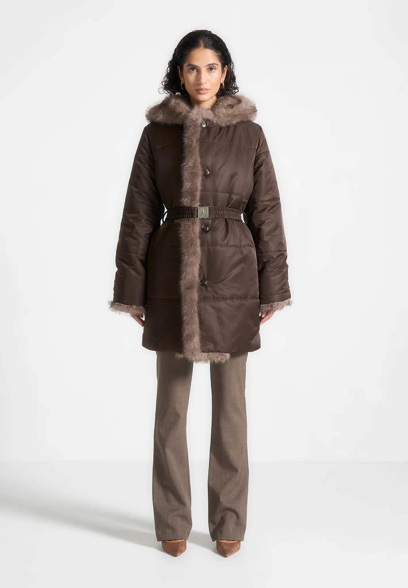 Alima - Fur Longline Belted Coat - Brown - Image 8