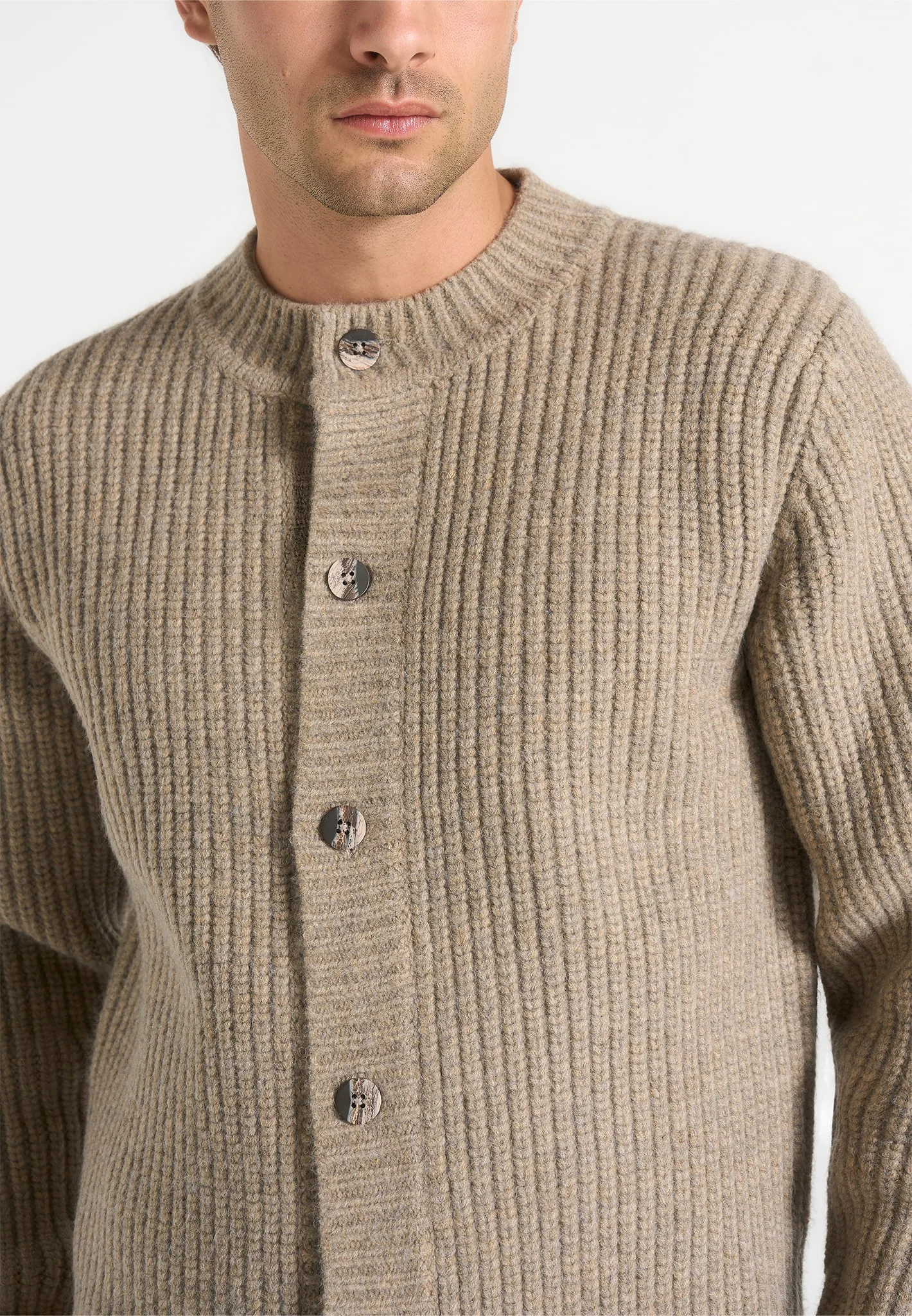 Alix - Unisex Crewneck Ribbed Knit Cardigan - Beige - Image 6