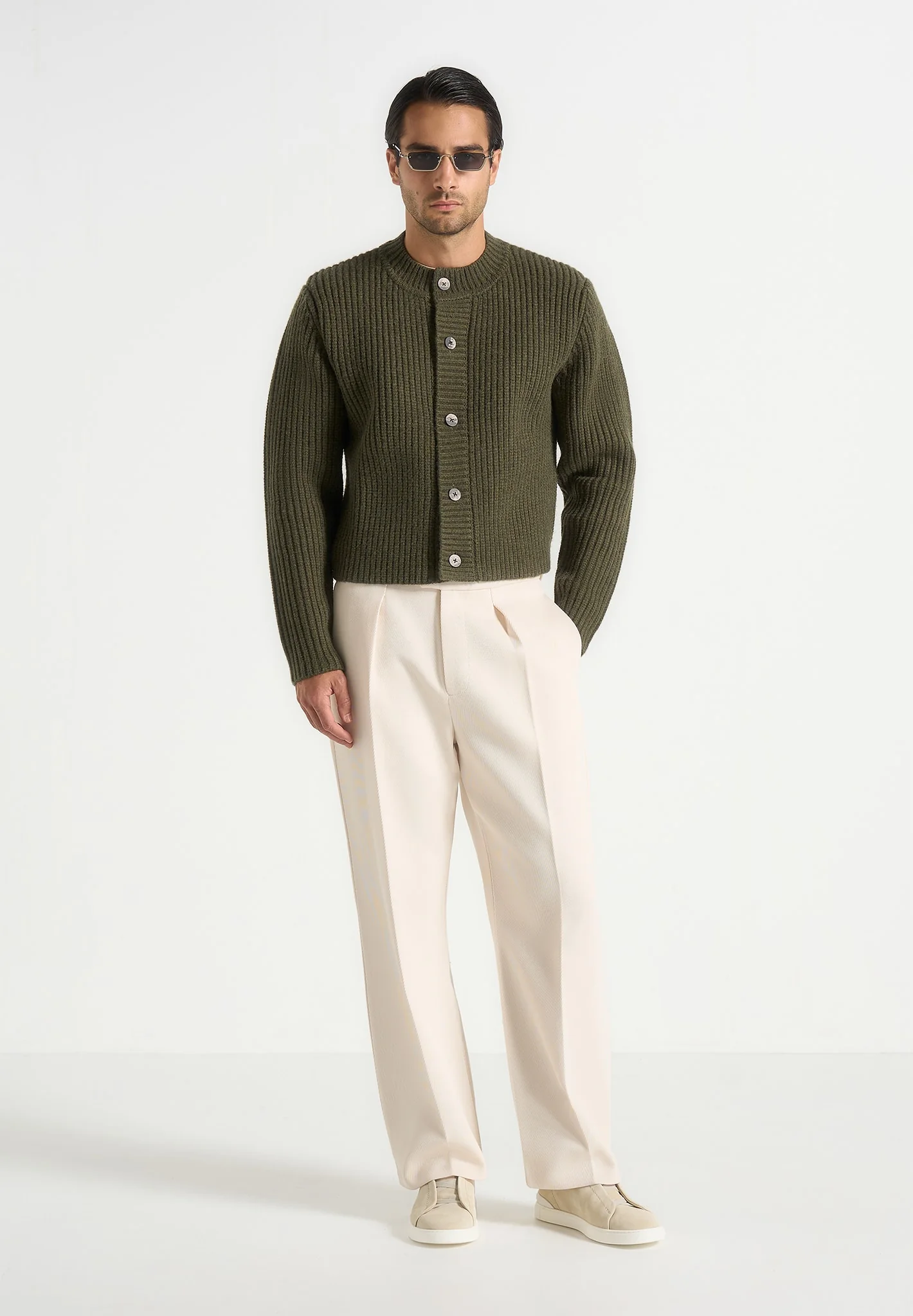 Alix - Unisex Crewneck Ribbed Knit Cardigan - Olive - Image 4
