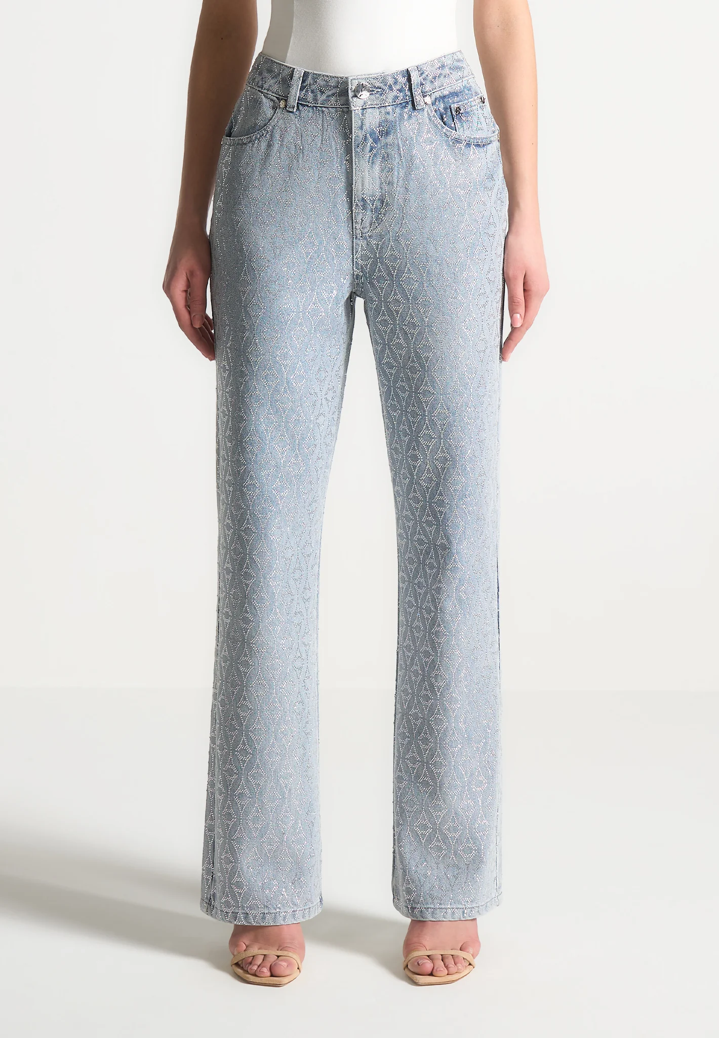 Alma - Rhinestone Eiffel Straight Leg Jeans - Mid Blue
