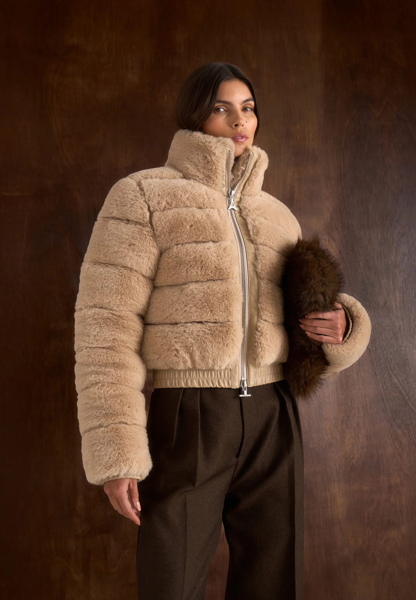 Ama - Plush Ribbed Jacket with Neck Scarf - Beige - Image 3