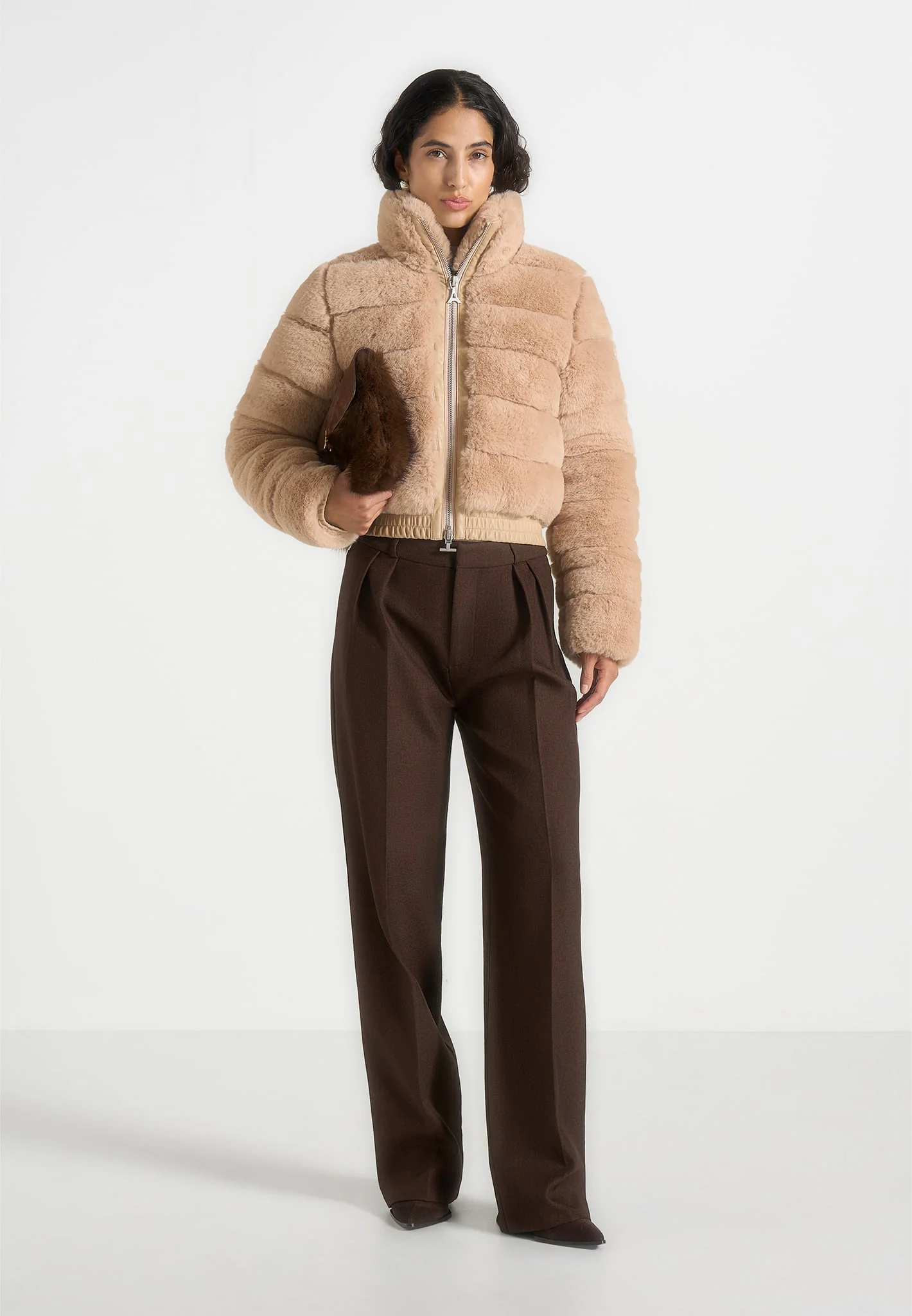 Ama - Plush Ribbed Jacket with Neck Scarf - Beige - Image 5
