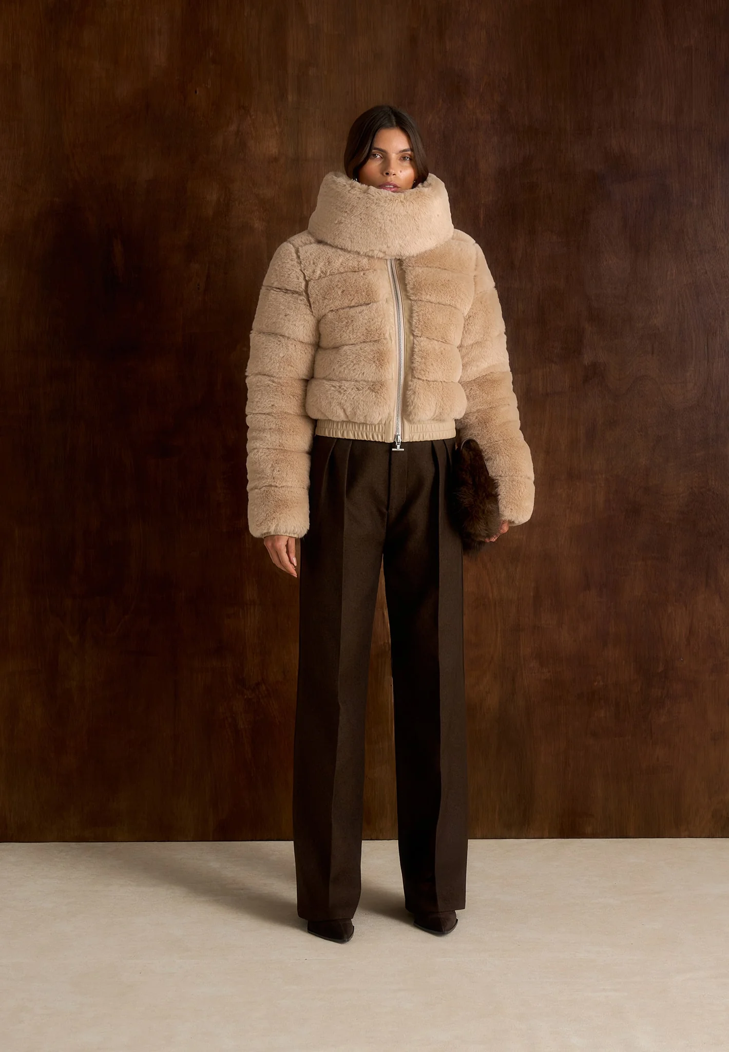 Ama - Plush Ribbed Jacket with Neck Scarf - Beige - Image 8