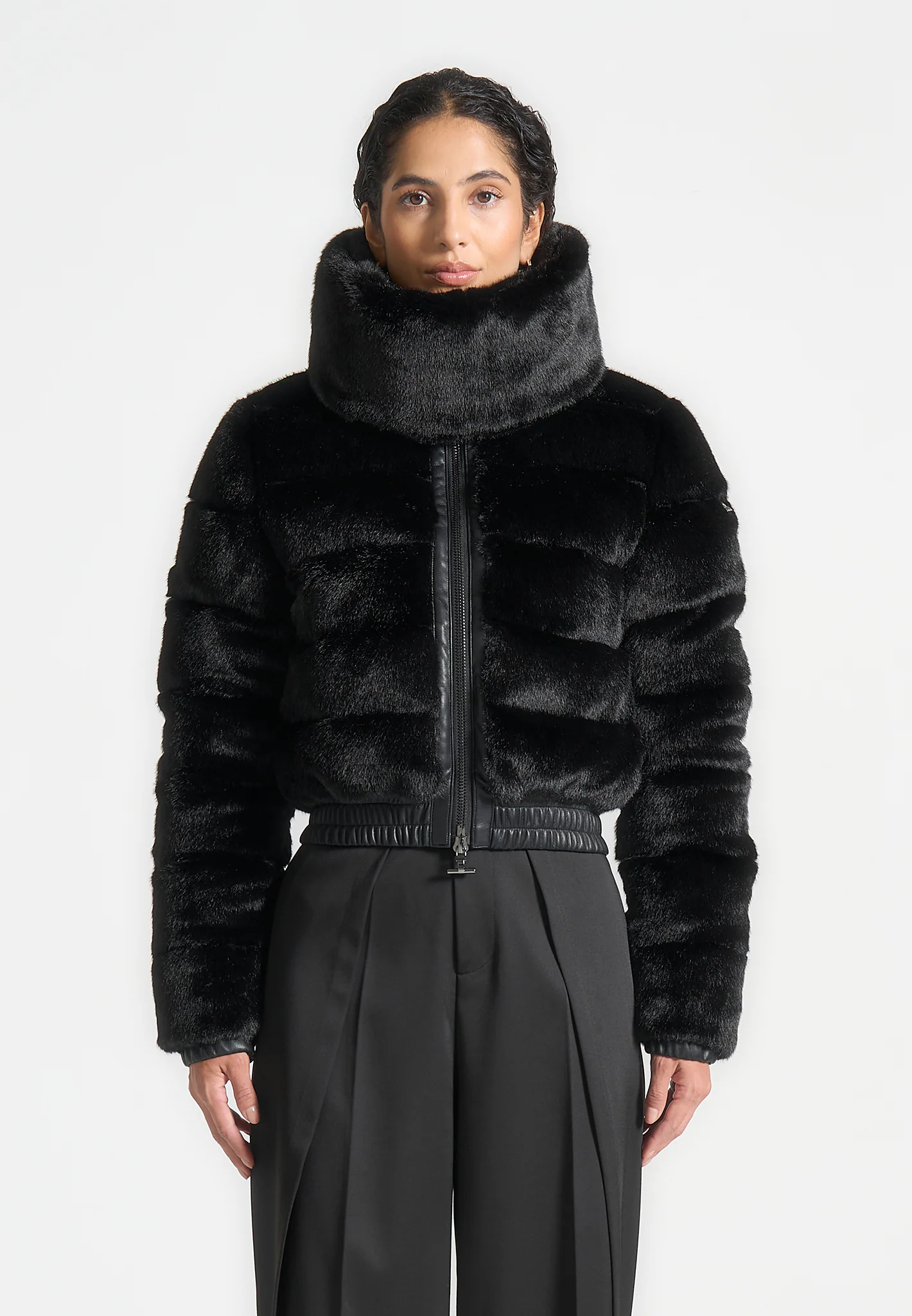 Ama - Plush Ribbed Jacket with Neck Scarf - Black - Image 3