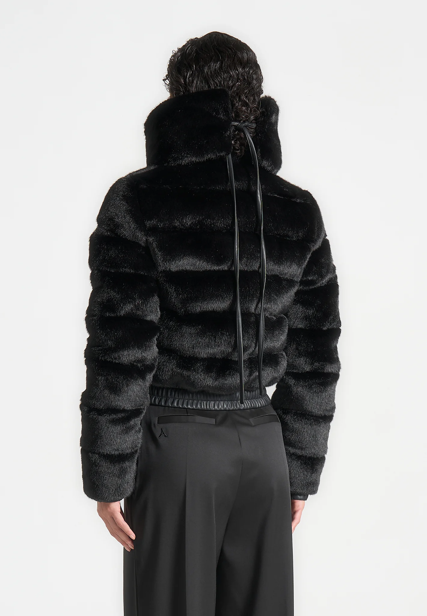 Ama - Plush Ribbed Jacket with Neck Scarf - Black - Image 4