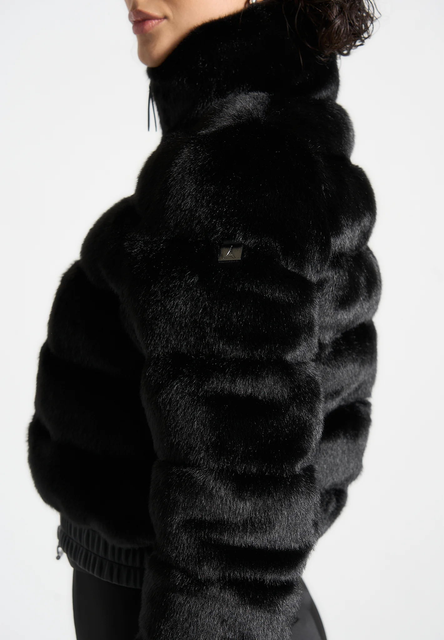 Ama - Plush Ribbed Jacket with Neck Scarf - Black - Image 6