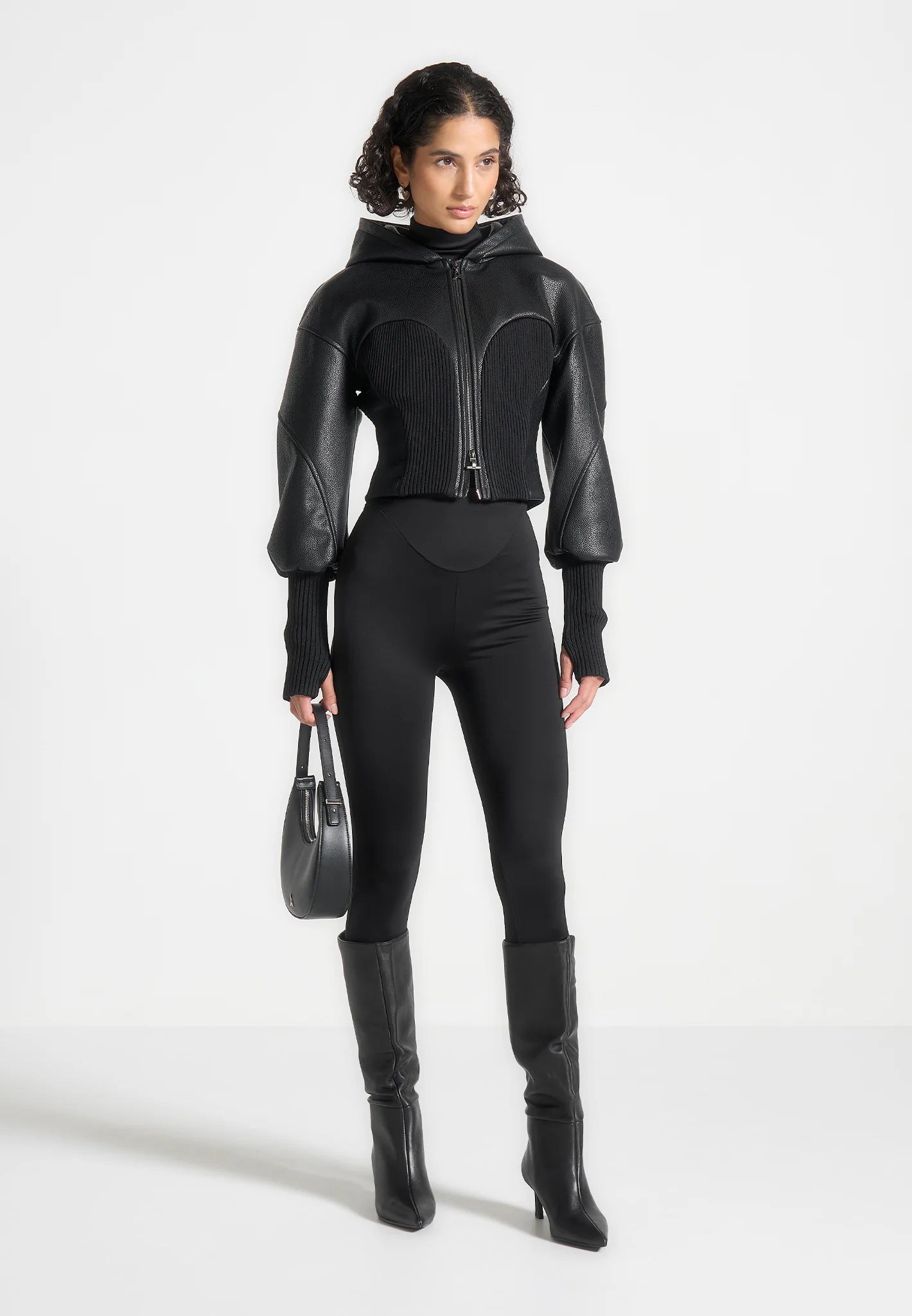 Amani - Hooded Pebbled Leather Contour Jacket - Black - Image 2