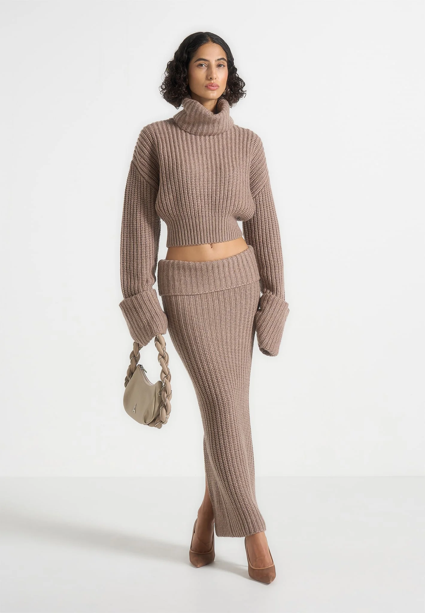 Amaya - Roll Neck Knit Jumper With Cuffs - Taupe - Image 4