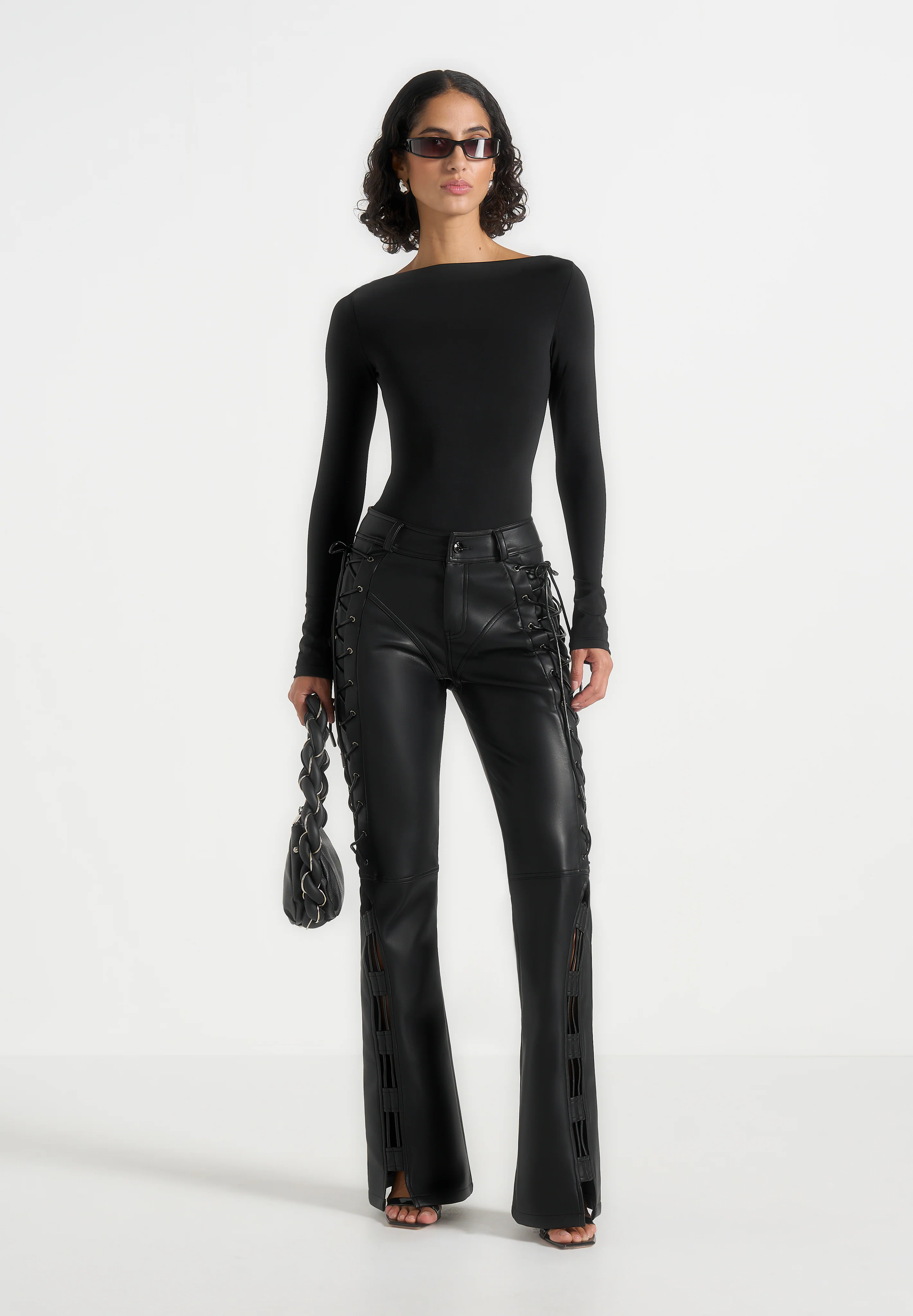 Ambre - Leather Lace Up Flared Trousers - Black - Image 2