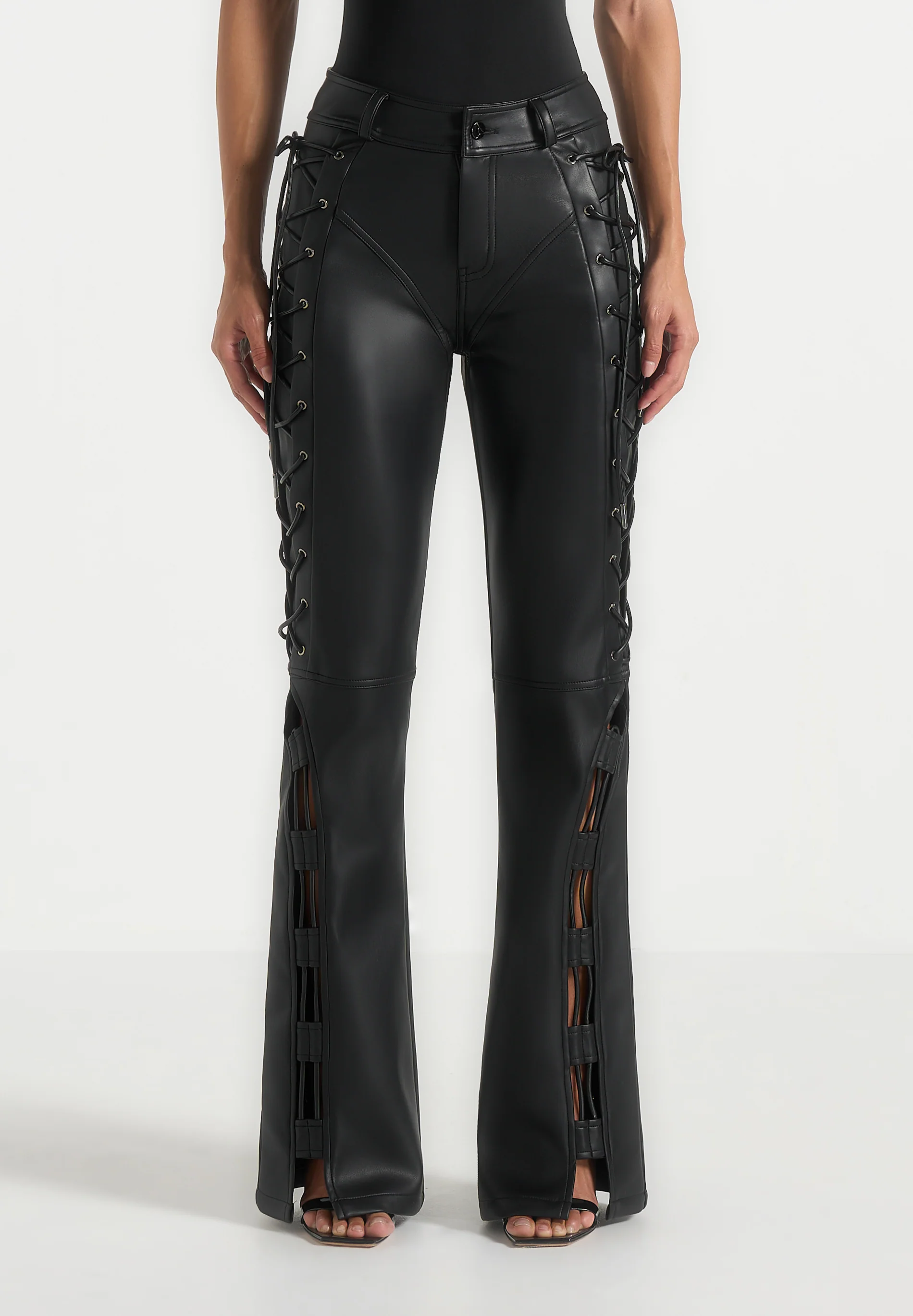 Ambre - Leather Lace Up Flared Trousers - Black - Image 3