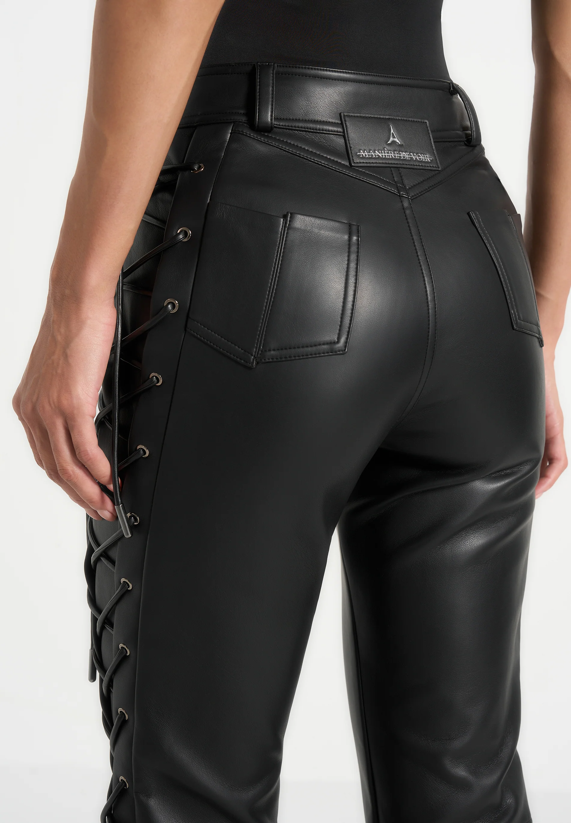 Ambre - Leather Lace Up Flared Trousers - Black - Image 6