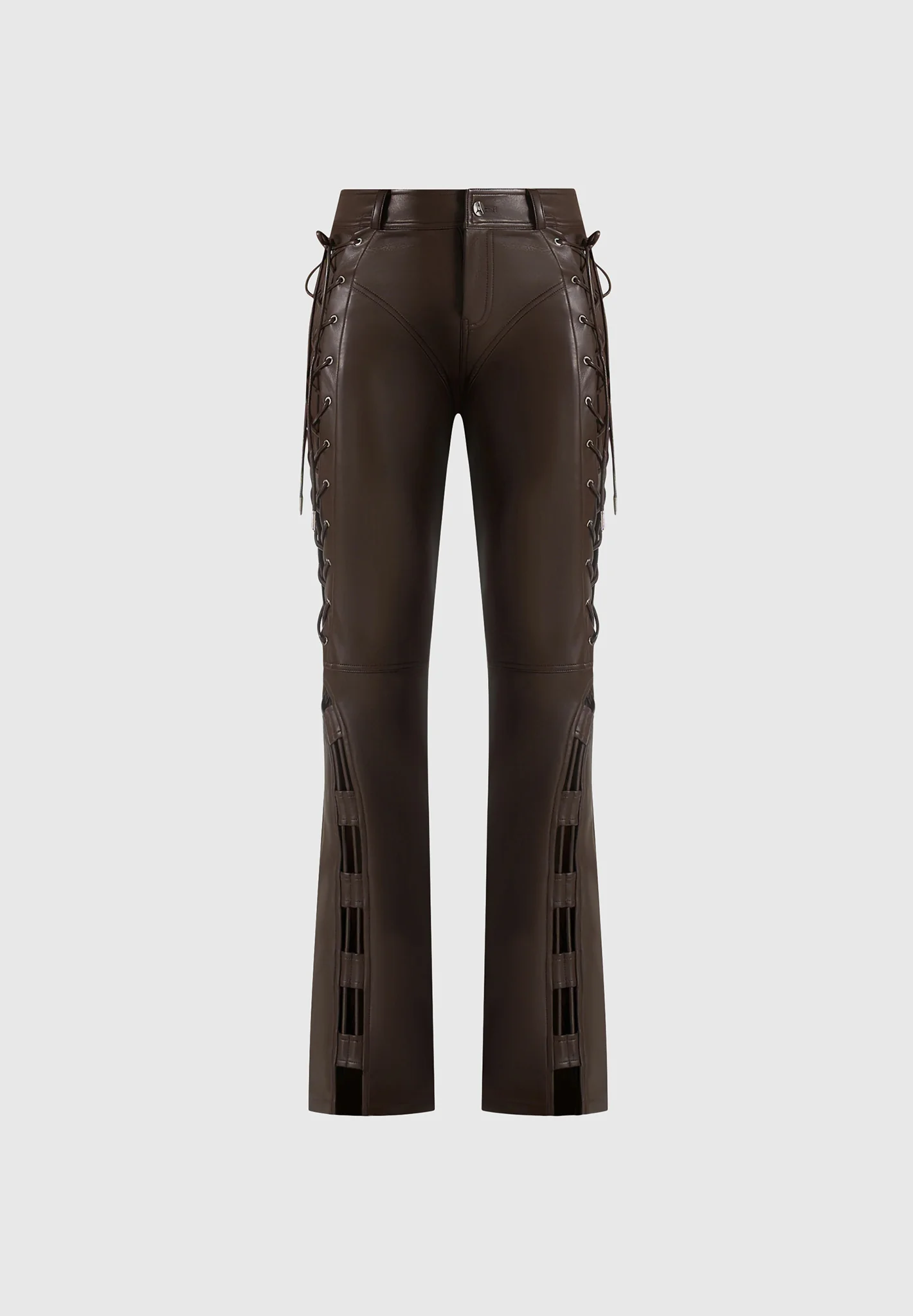 Ambre - Leather Lace Up Flared Trousers - Brown - Image 7