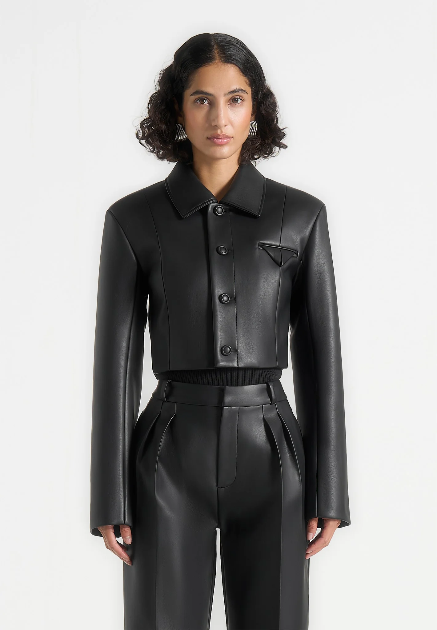 Ania - Wide Shoulder Leather Jacket - Black - Image 3