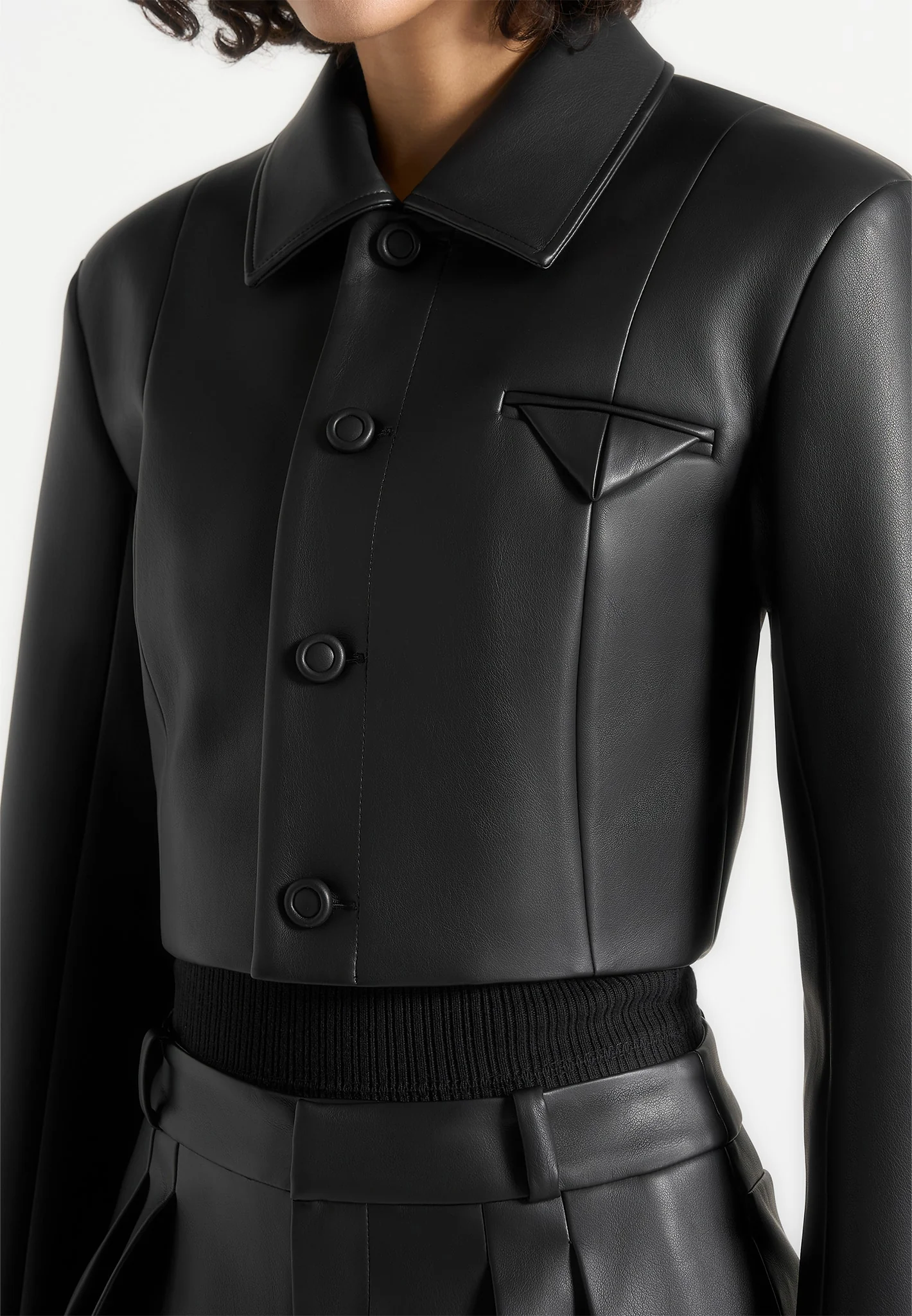 Ania - Wide Shoulder Leather Jacket - Black - Image 4