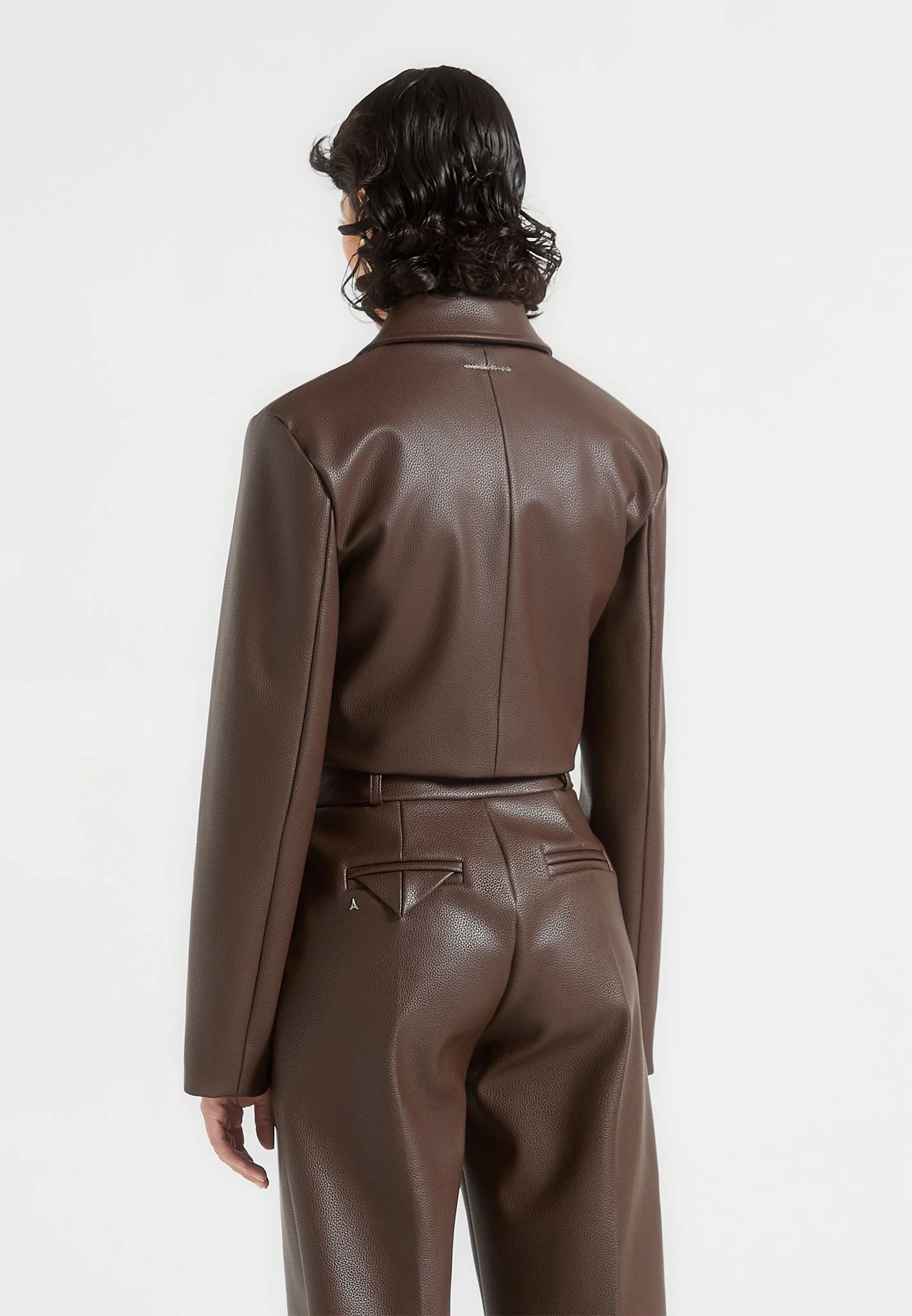 Ania - Wide Shoulder Pebbled Leather Jacket - Brown - Image 3