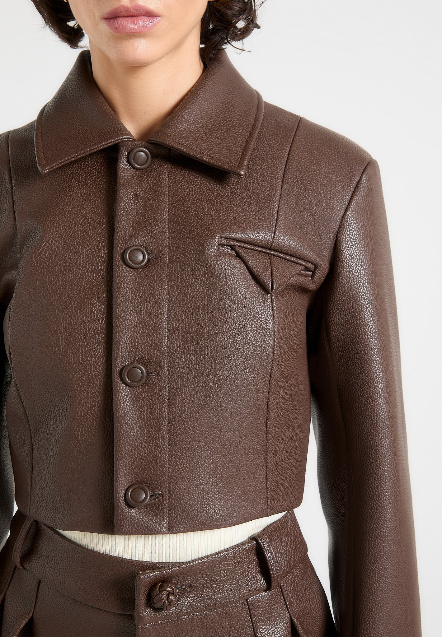 Ania - Wide Shoulder Pebbled Leather Jacket - Brown - Image 4