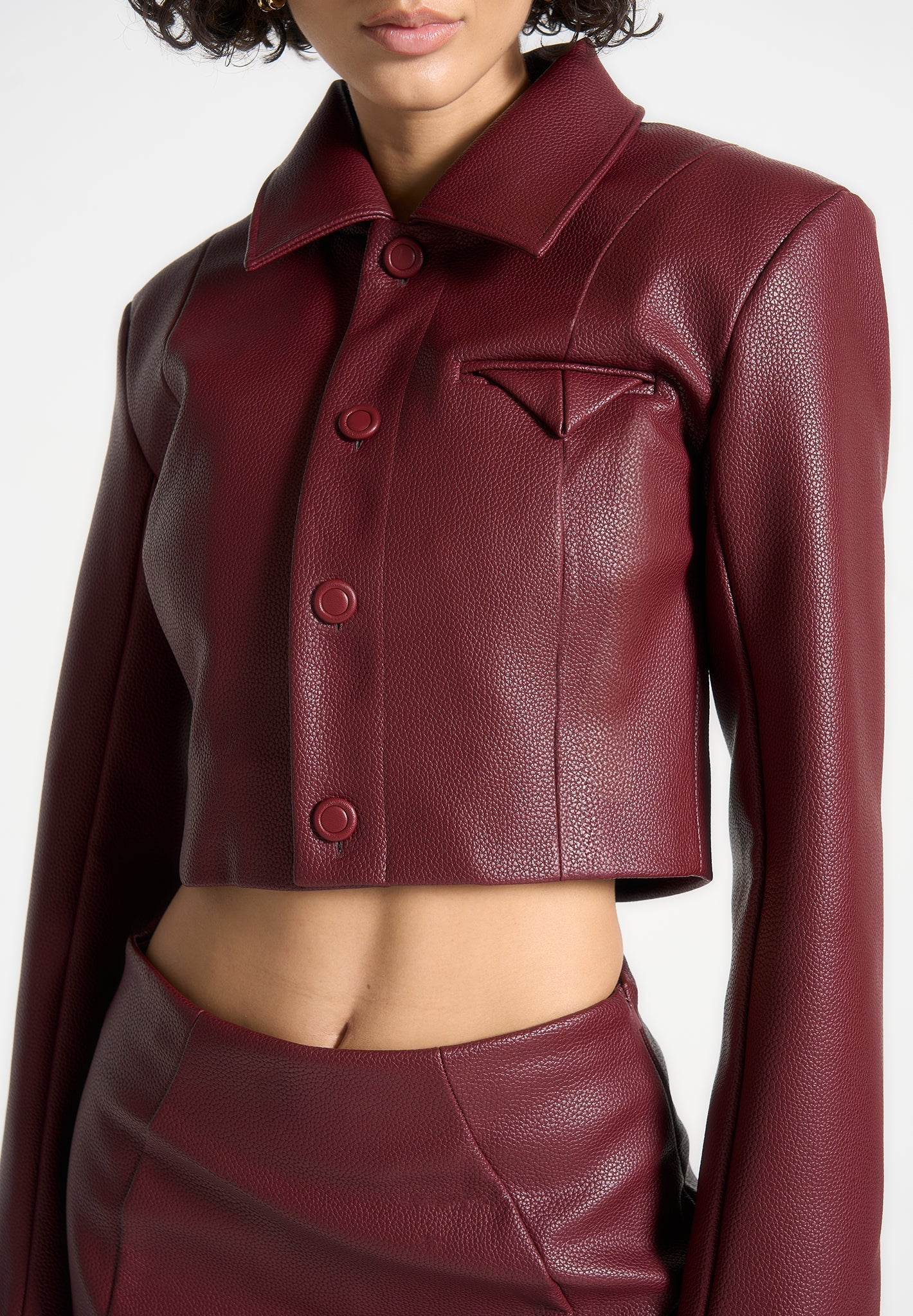 Ania - Wide Shoulder Pebbled Leather Jacket - Wine Red - Image 3