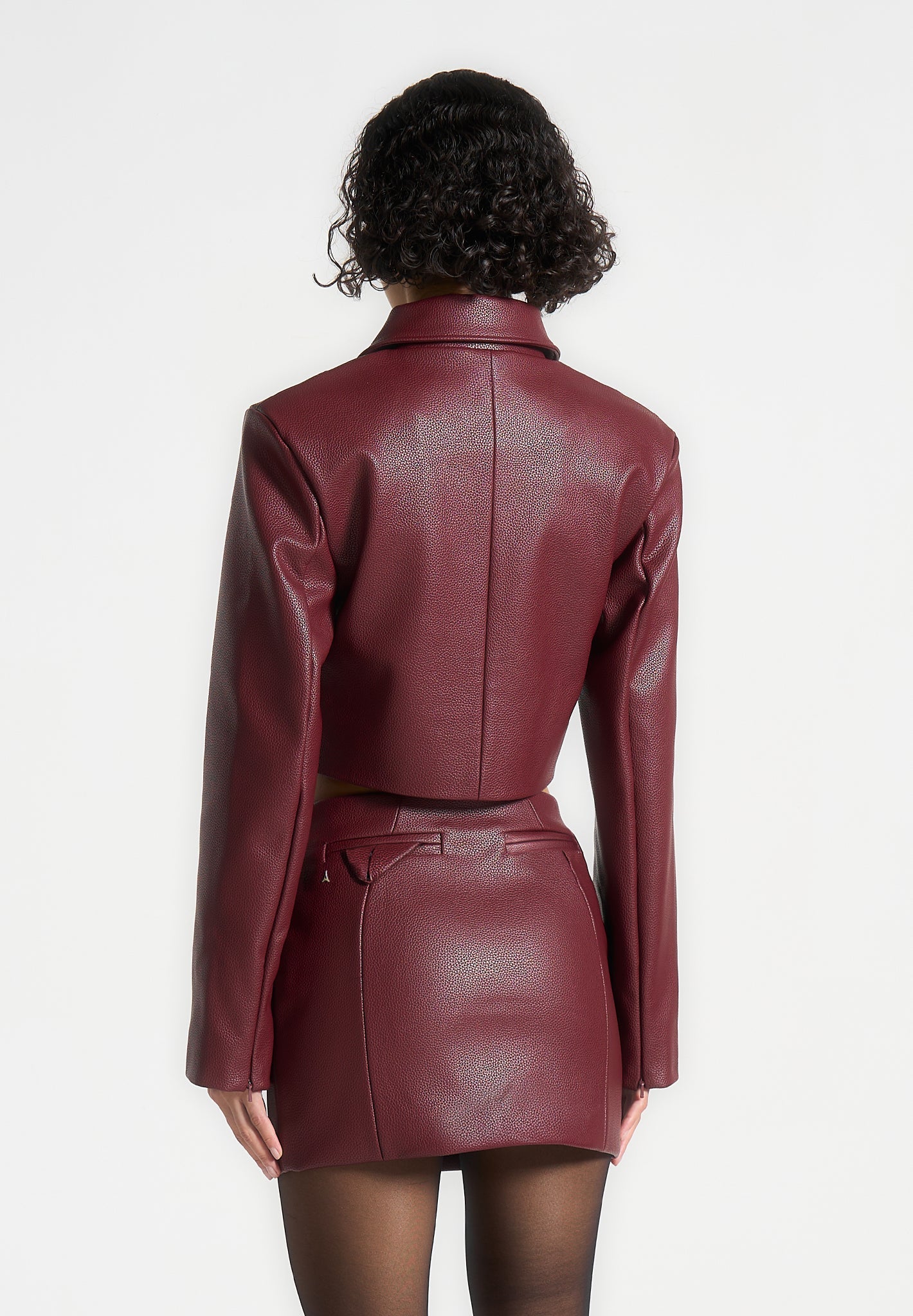 Ania - Wide Shoulder Pebbled Leather Jacket - Wine Red - Image 4