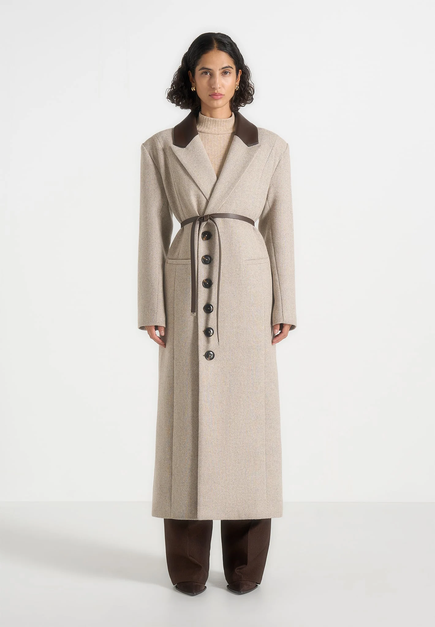 Anissa - Herringbone Wool Oversized Coat with Leather Belt - Beige - Image 2