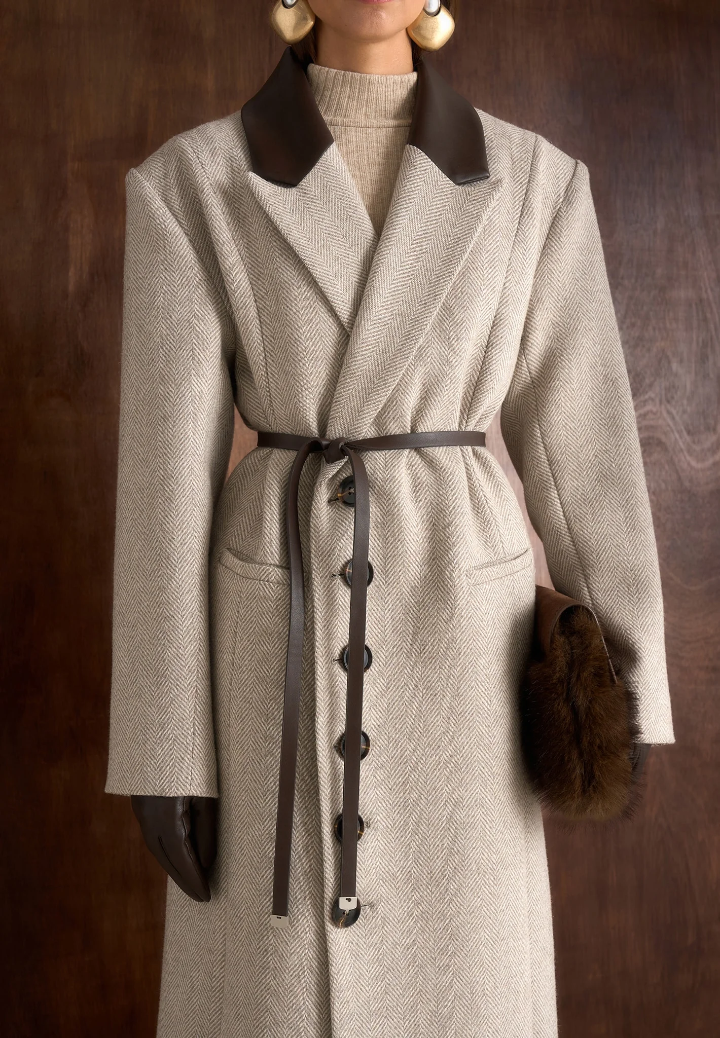 Anissa - Herringbone Wool Oversized Coat with Leather Belt - Beige - Image 7