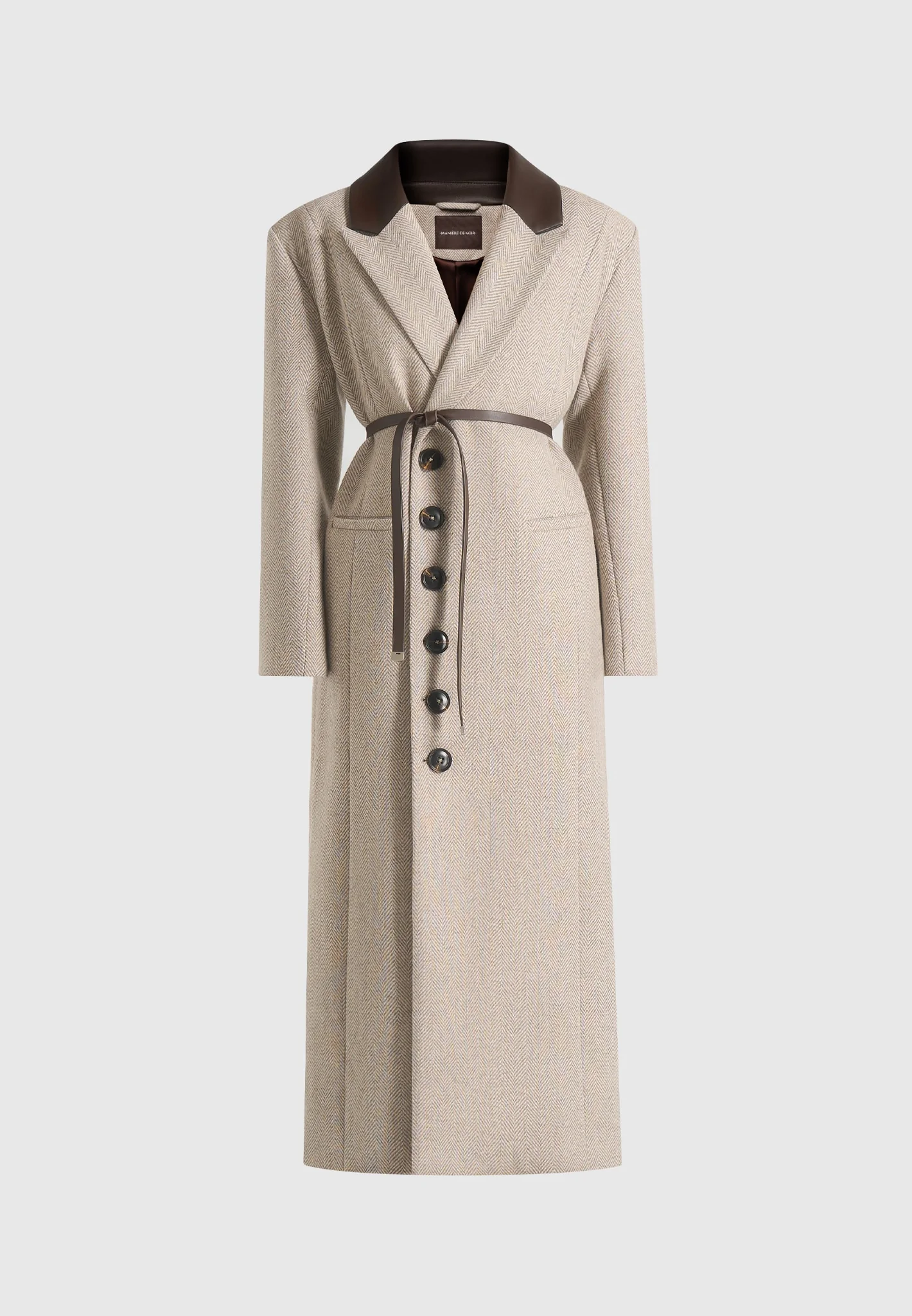 Anissa - Herringbone Wool Oversized Coat with Leather Belt - Beige - Image 8