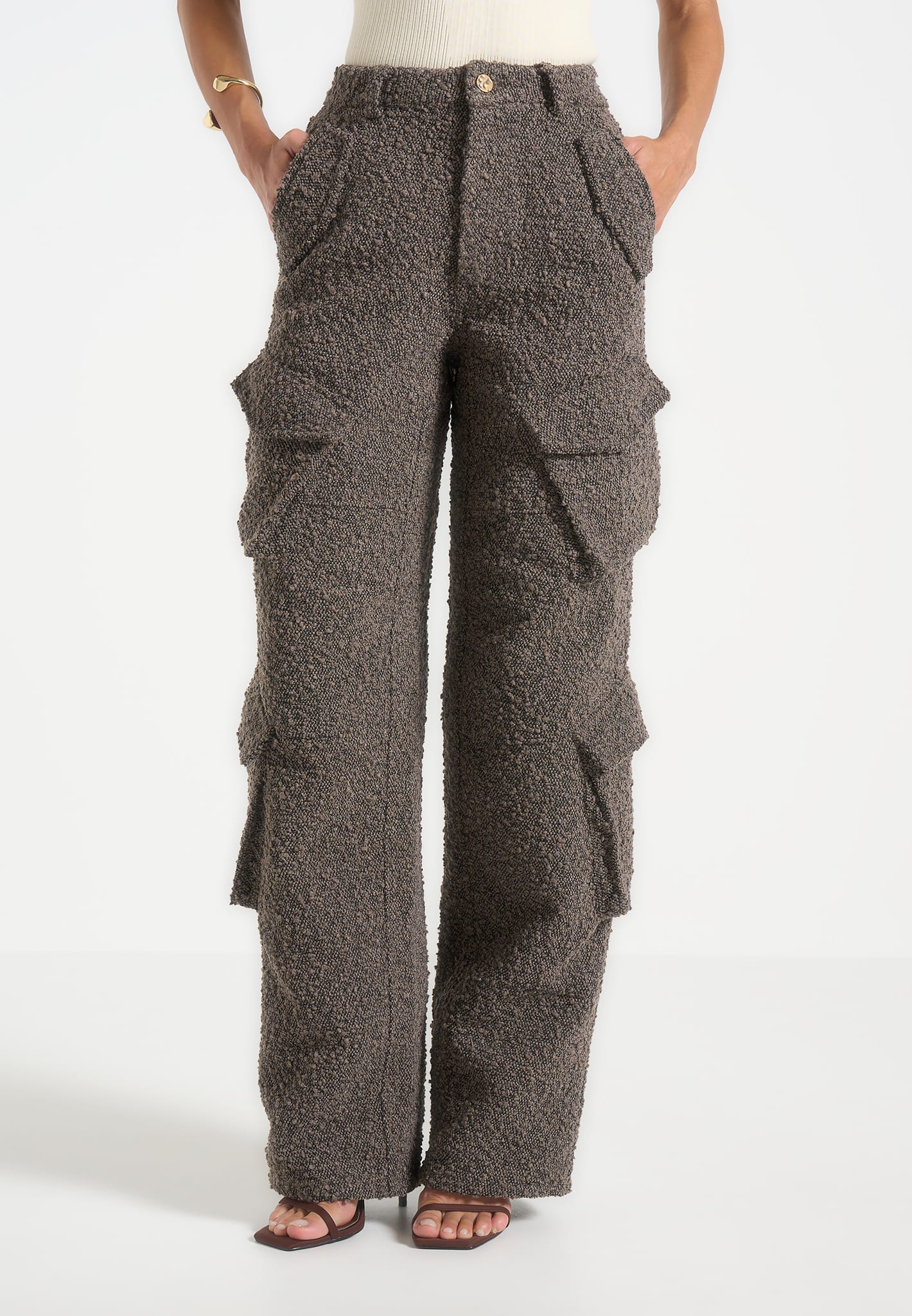 Anne - High Waisted Boucle Denim Cargo Pants - Brown - Image 4