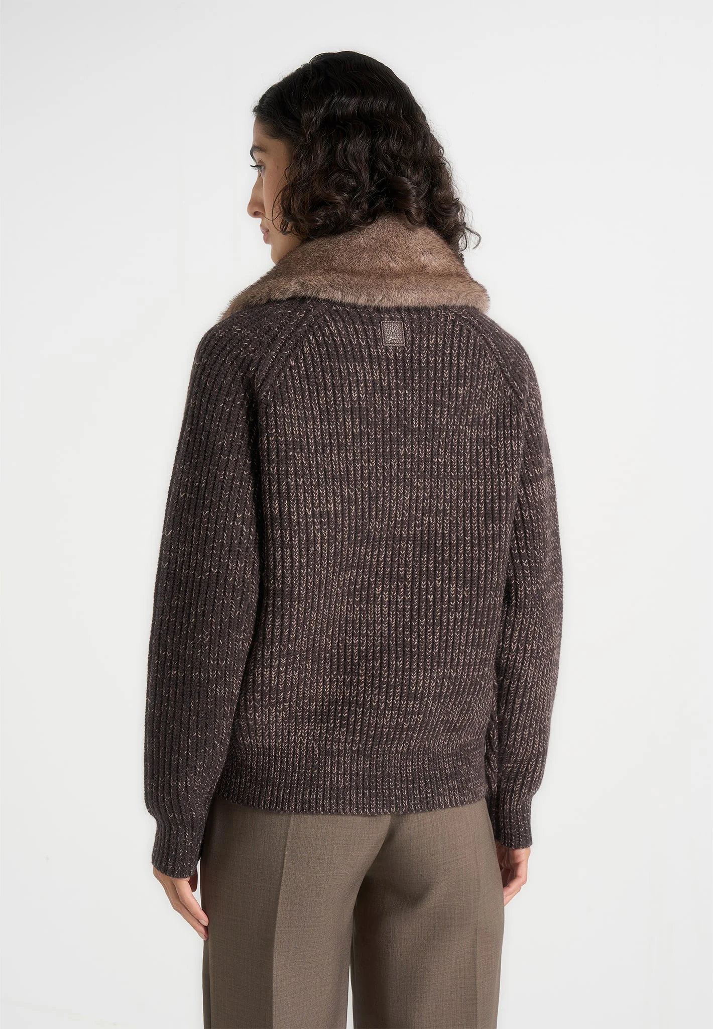 Ariel - Unisex Plush Collar Speckled Knit Jacket - Brown - Image 10