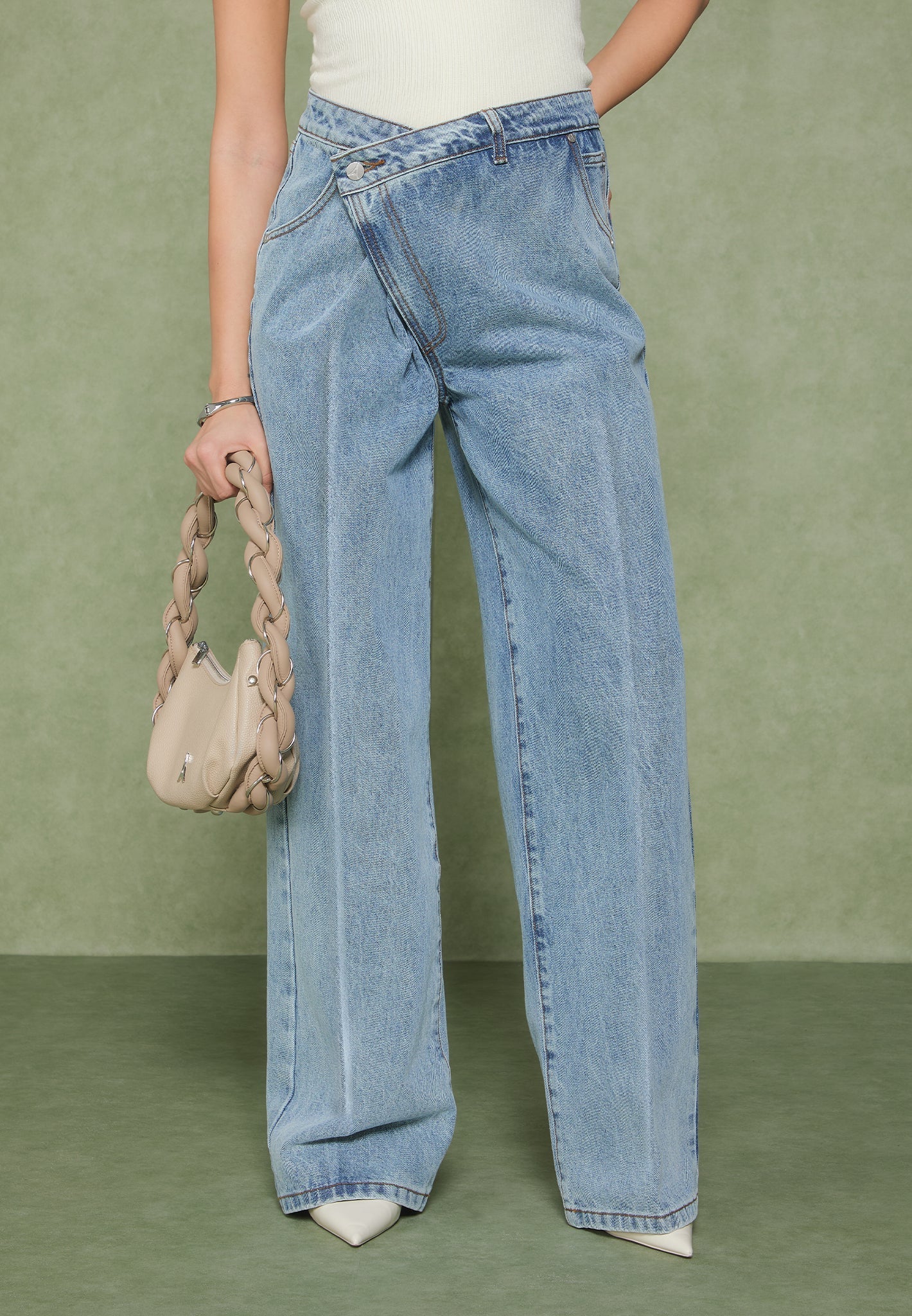 Astrid - Wrapover Denim Wide Leg Jeans - Mid Blue - Image 3