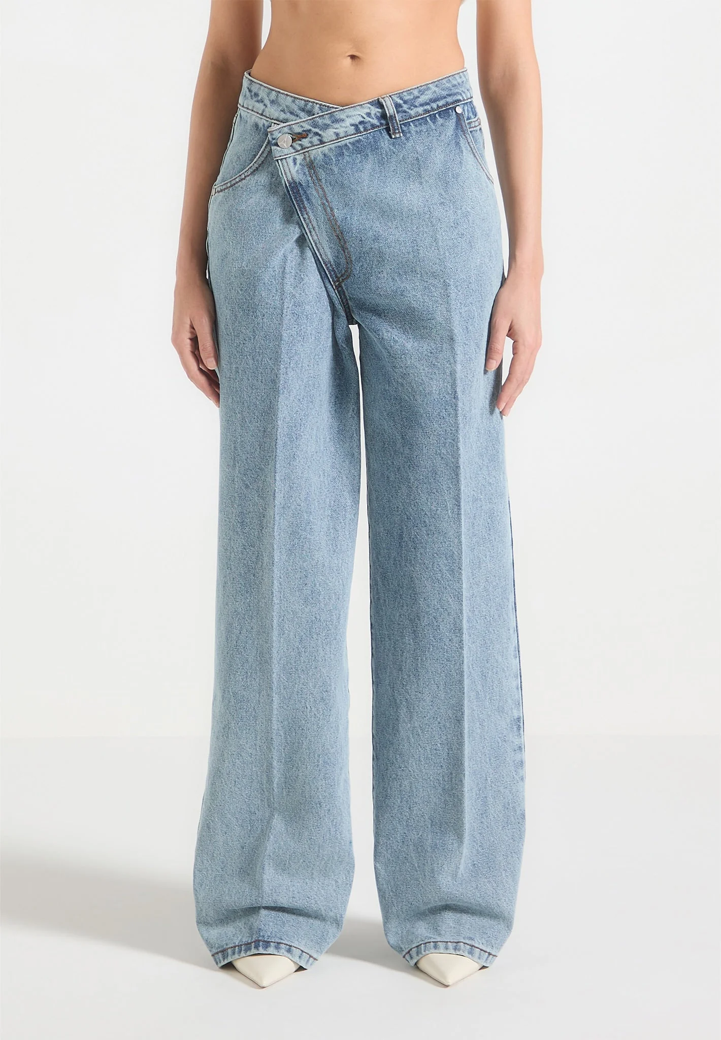 Astrid - Wrapover Denim Wide Leg Jeans - Mid Blue - Image 5