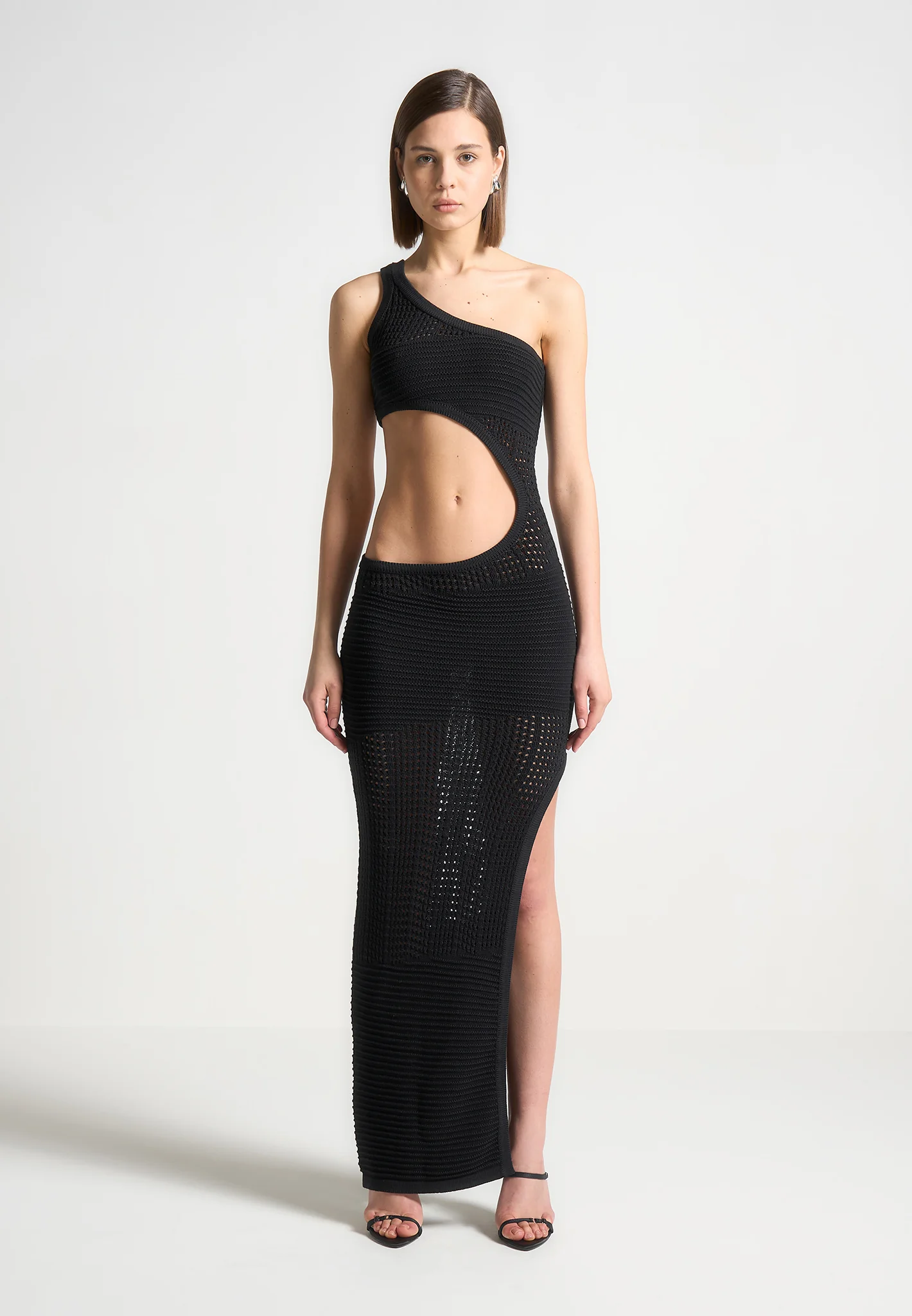 Asymmetric Crochet Knit Cut Out Maxi Dress - Black - Image 5