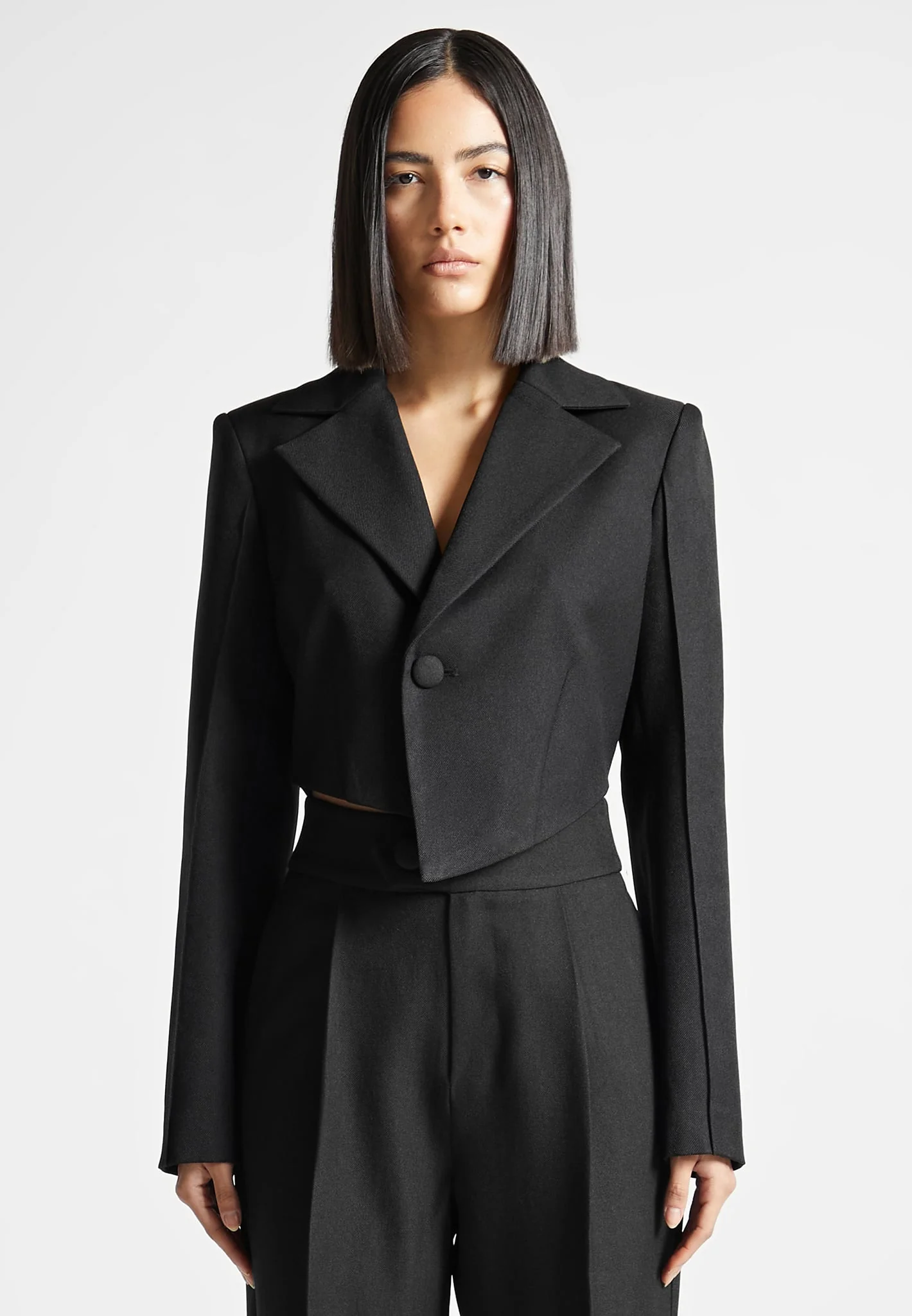Dina - Asymmetric Tailored Cropped Blazer - Black - Image 3