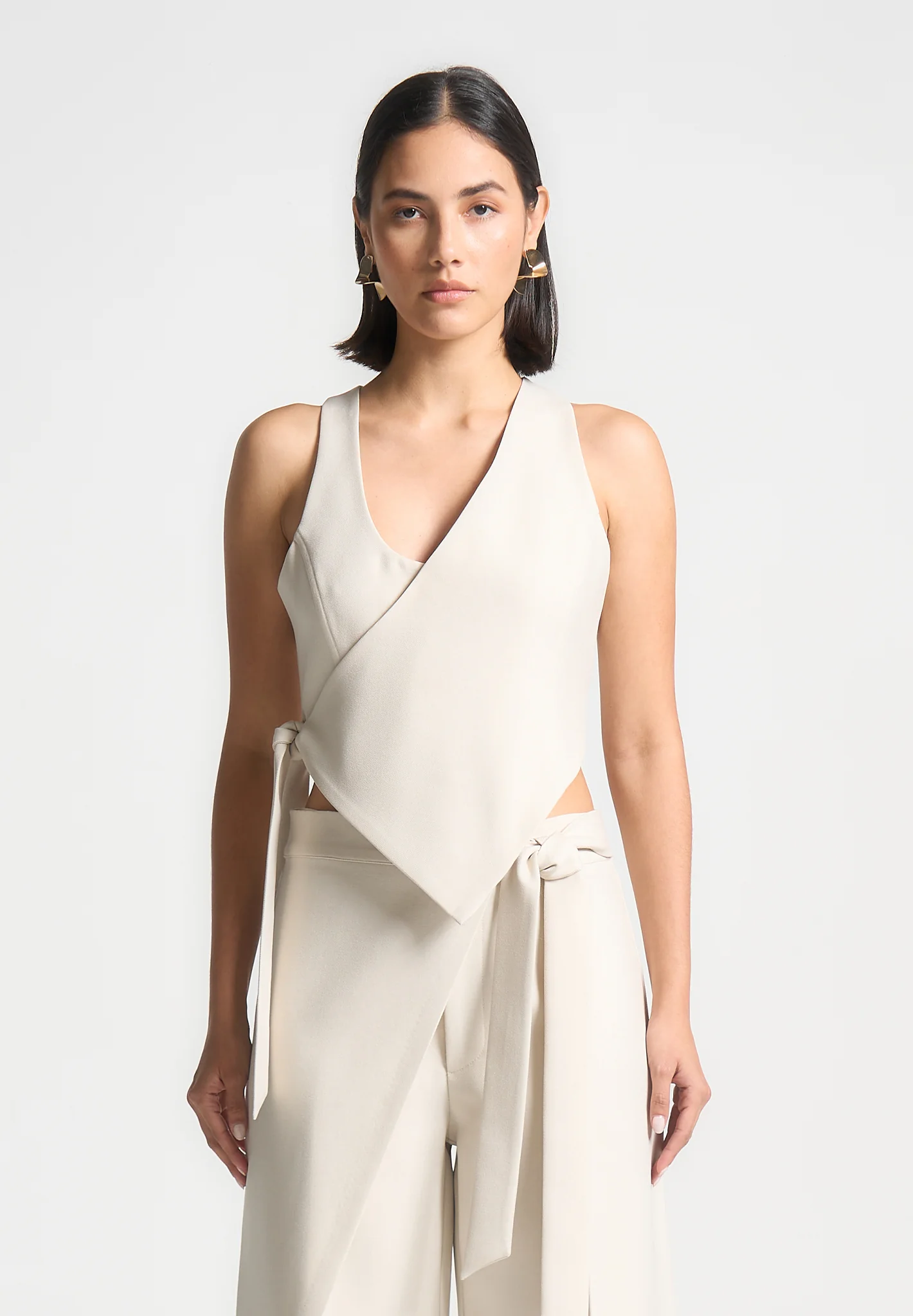 Asymmetric Tailored Waistcoat with Tie - Light Beige - Image 2