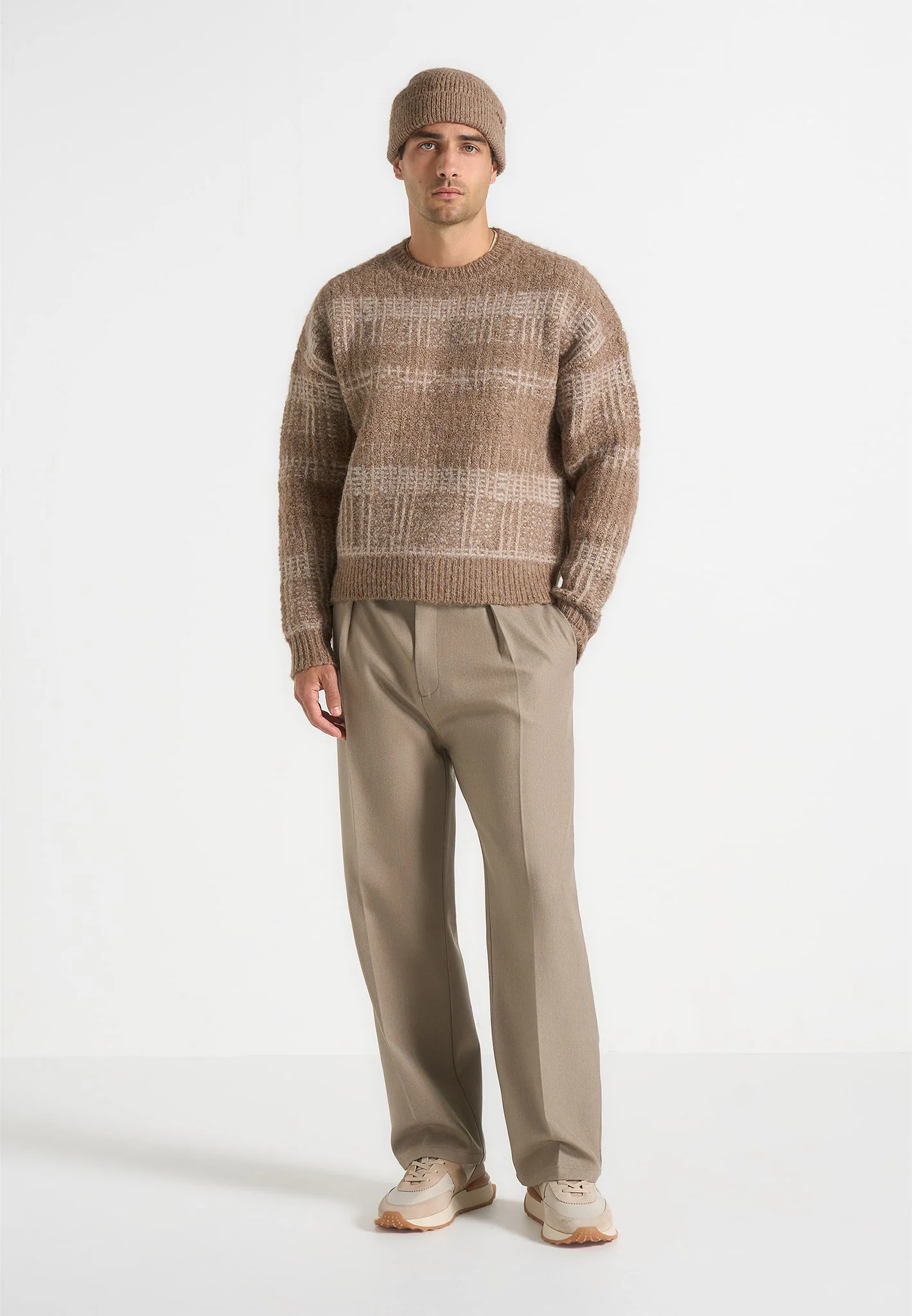 Ayden - Check Wool Knit Jumper - Taupe/Beige - Image 3