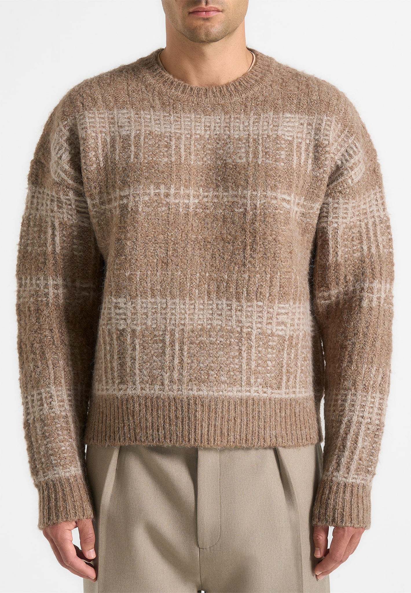 Ayden - Check Wool Knit Jumper - Taupe/Beige - Image 5