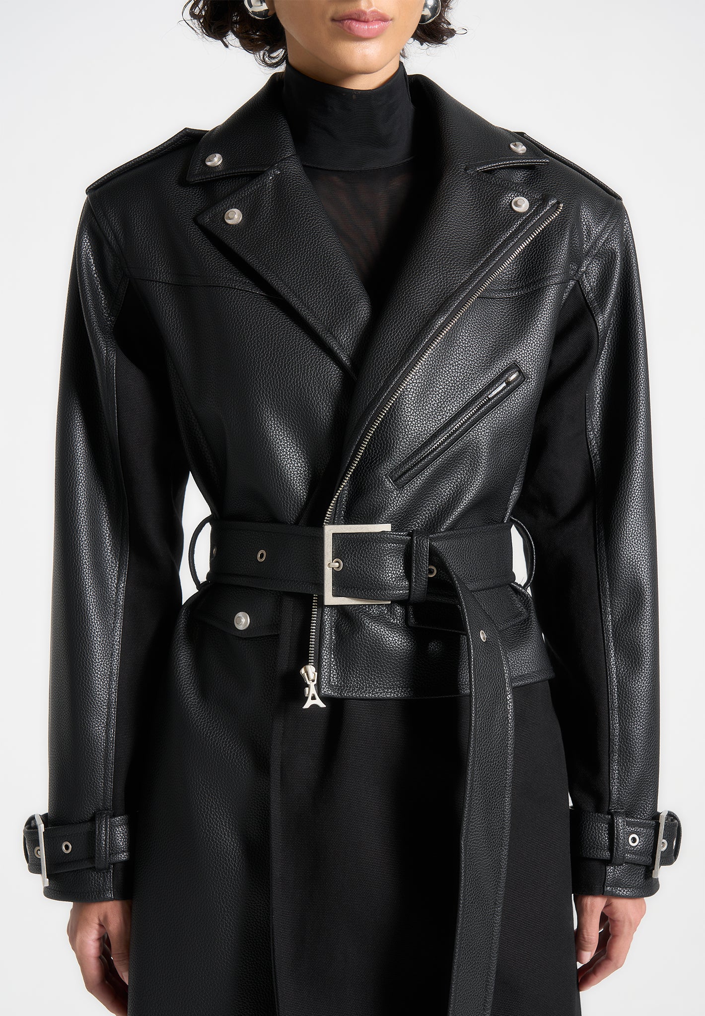 Ayleen - Leather Biker Trench Coat - Black - Image 2