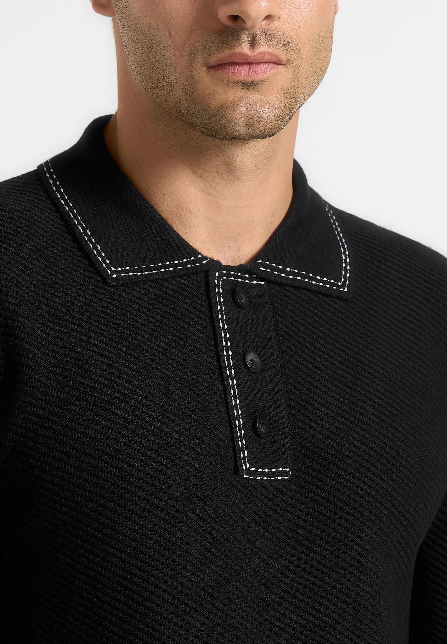 Aymeric - Whipstitch Detail Long Sleeve Knit Polo Shirt - Black - Image 2