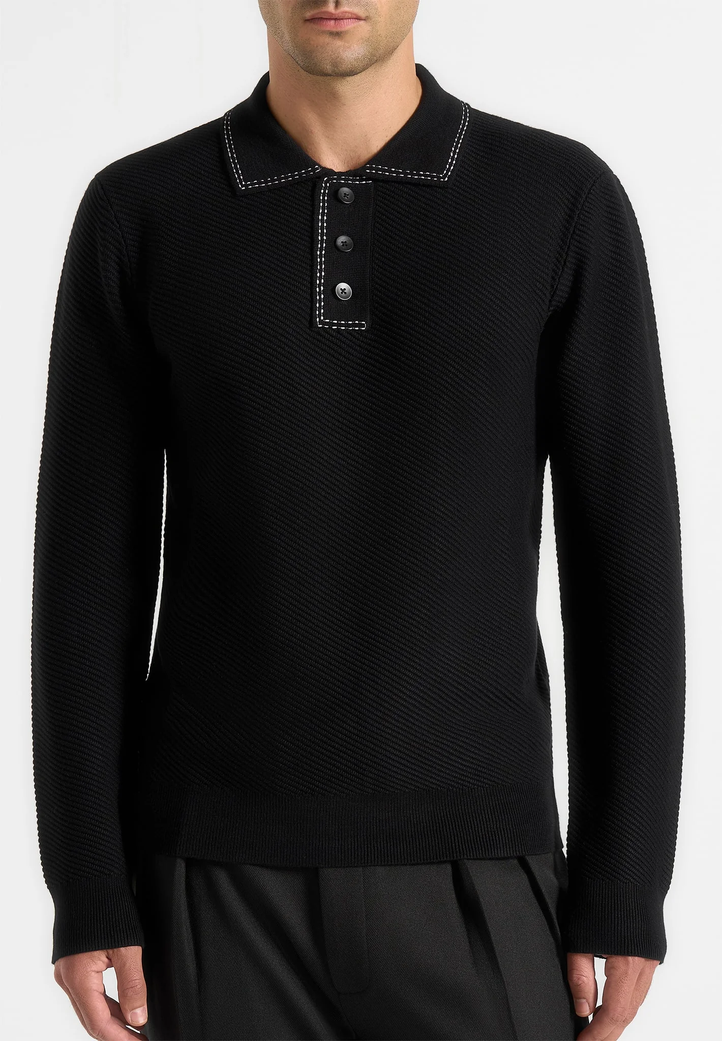 Aymeric - Whipstitch Detail Long Sleeve Knit Polo Shirt - Black - Image 4