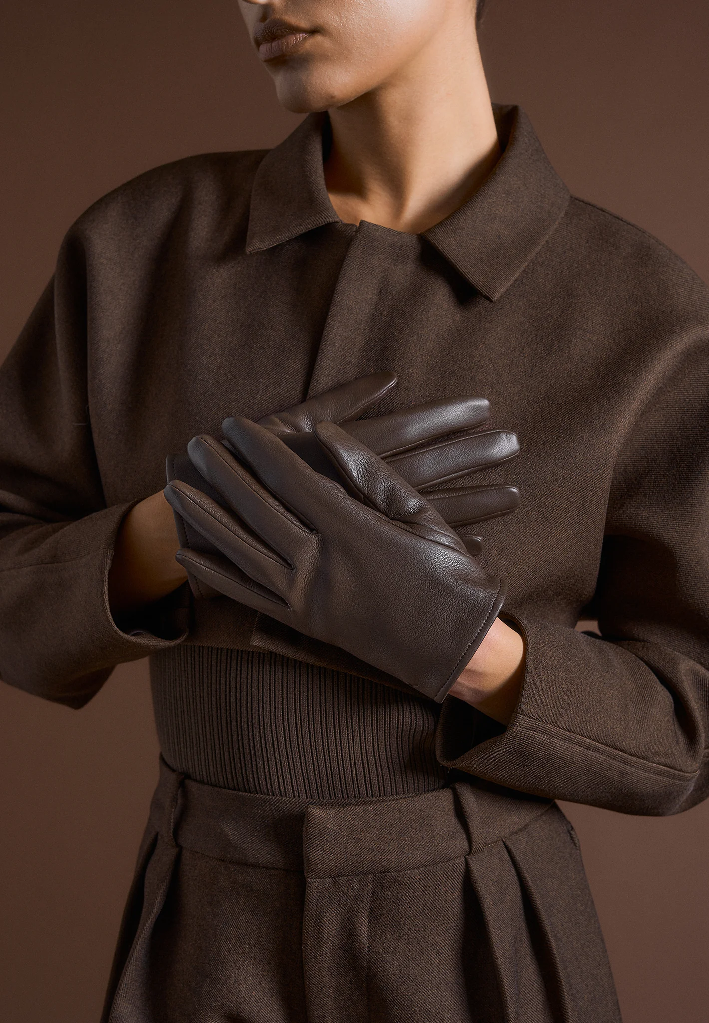 Azel - Leather Short Gloves - Brown - Image 3